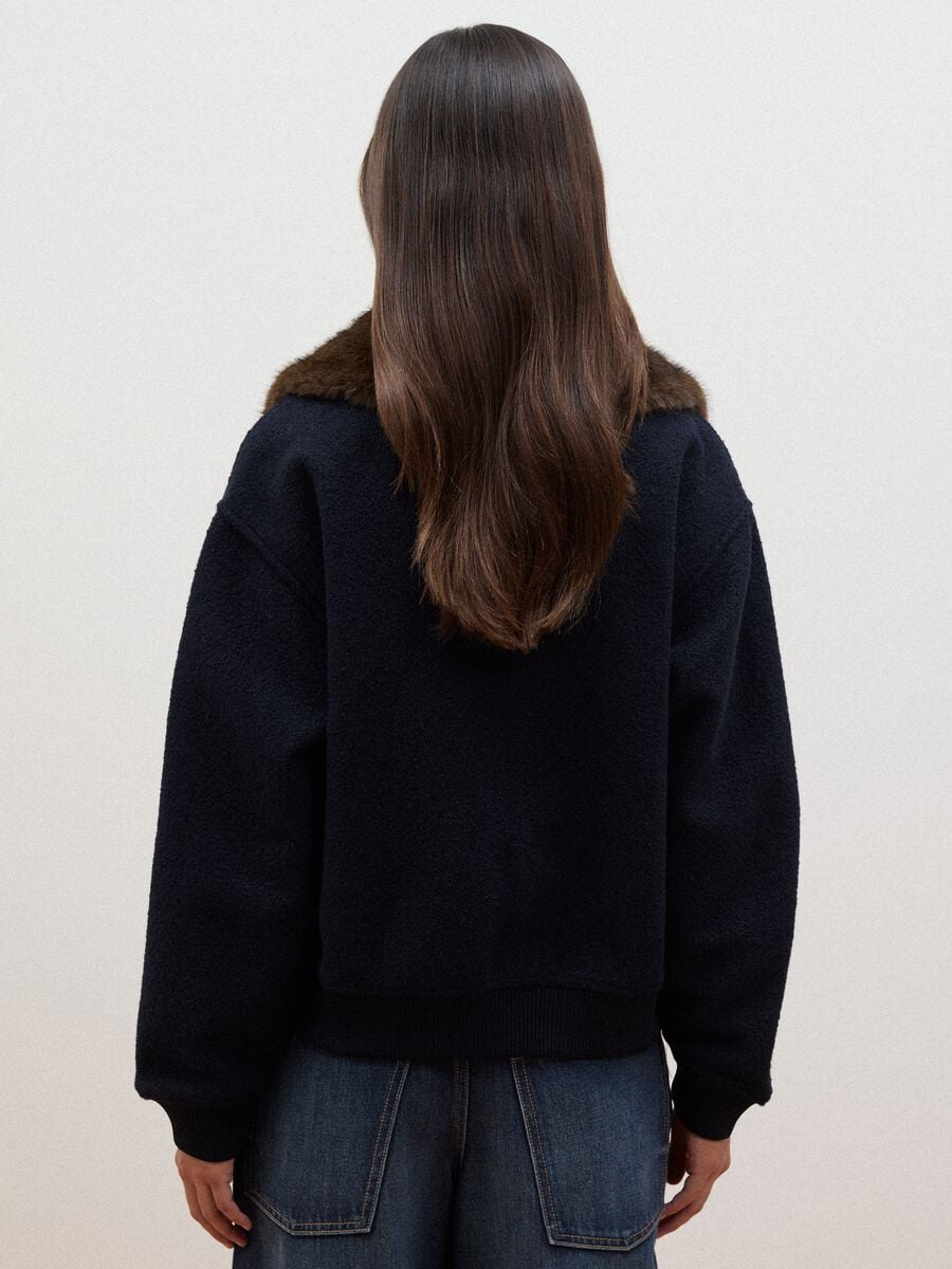 Blue wool-blend jacket with faux-fur effect collar_3