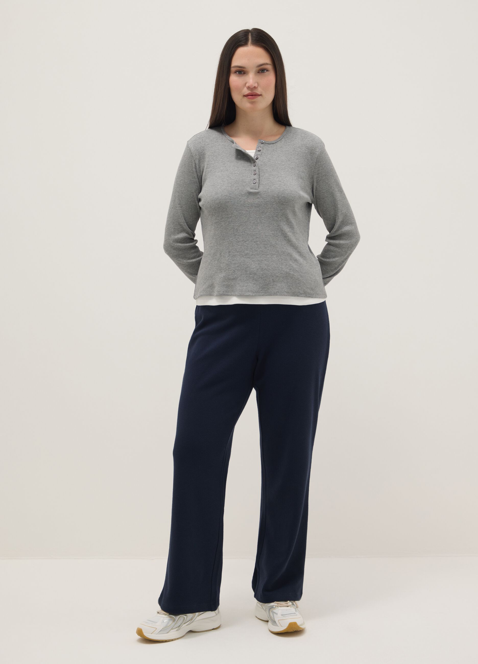 Wide leg blue cotton blend jogger trousers