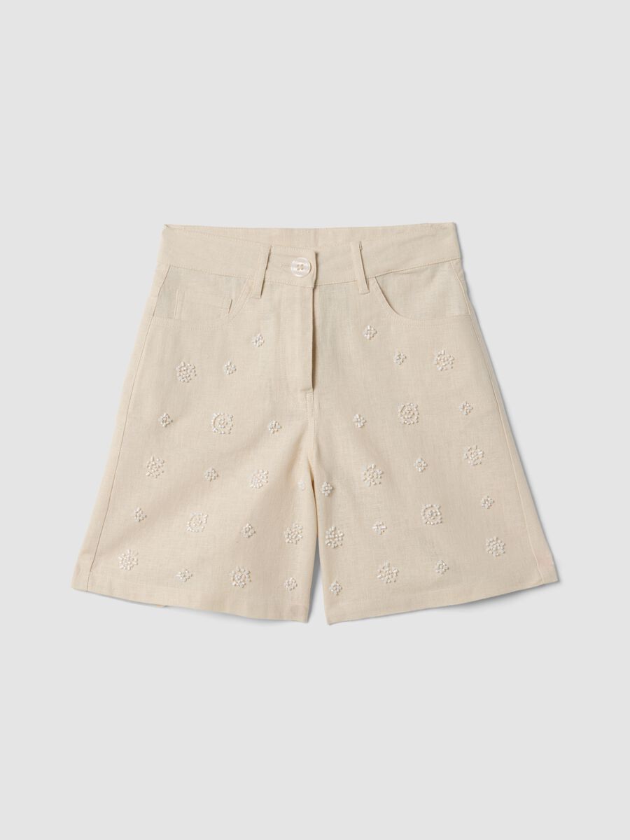 Beige cotton-linen blend shorts with embroidery_0