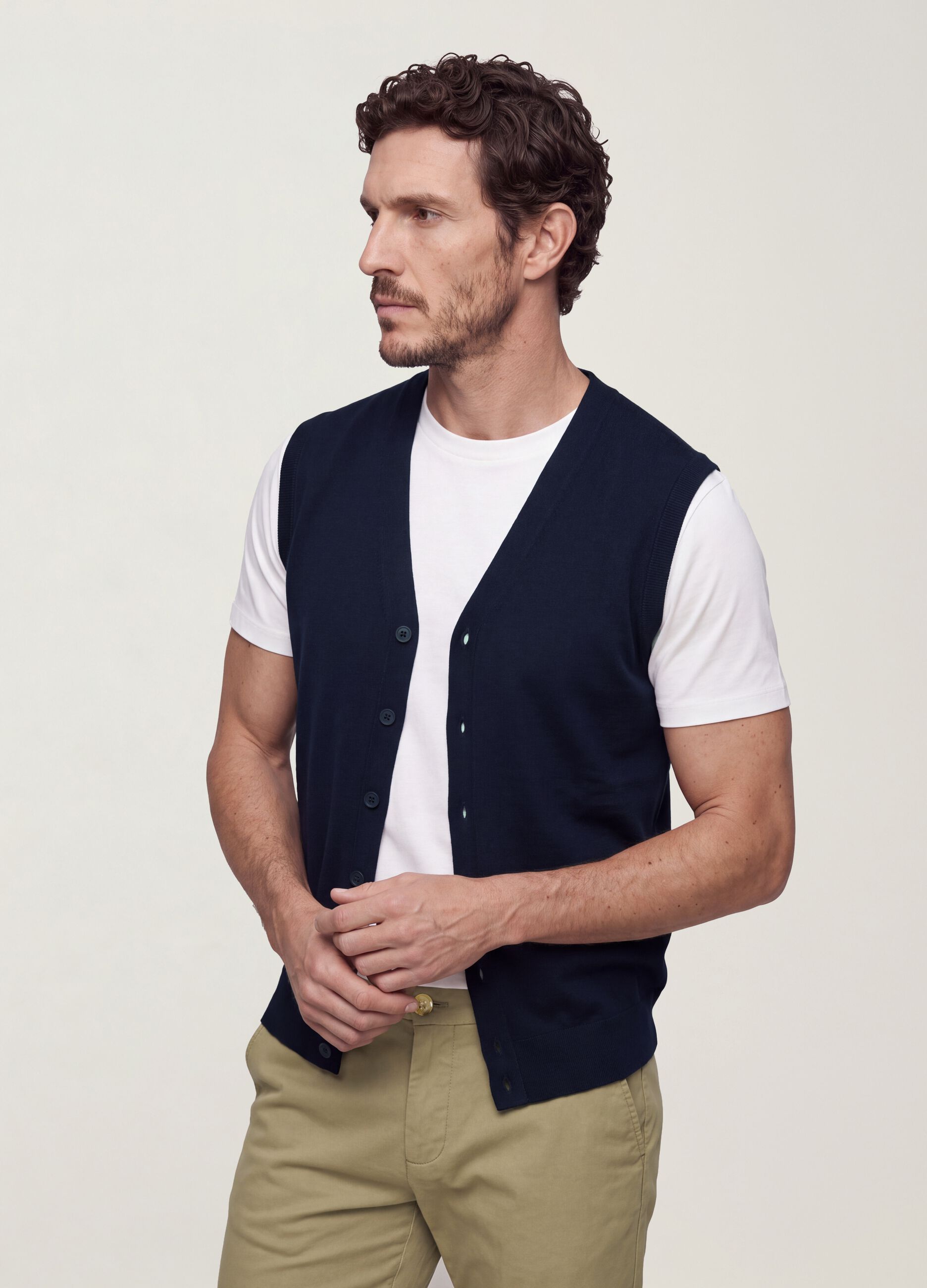 Blue viscose-blend waistcoat with deep V-neck, regular fit