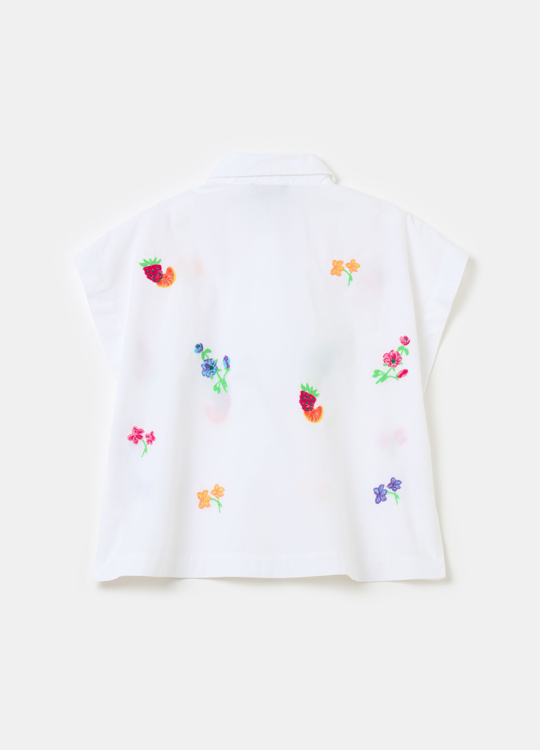 Camicia in cotone con ricamo frutta e fiori