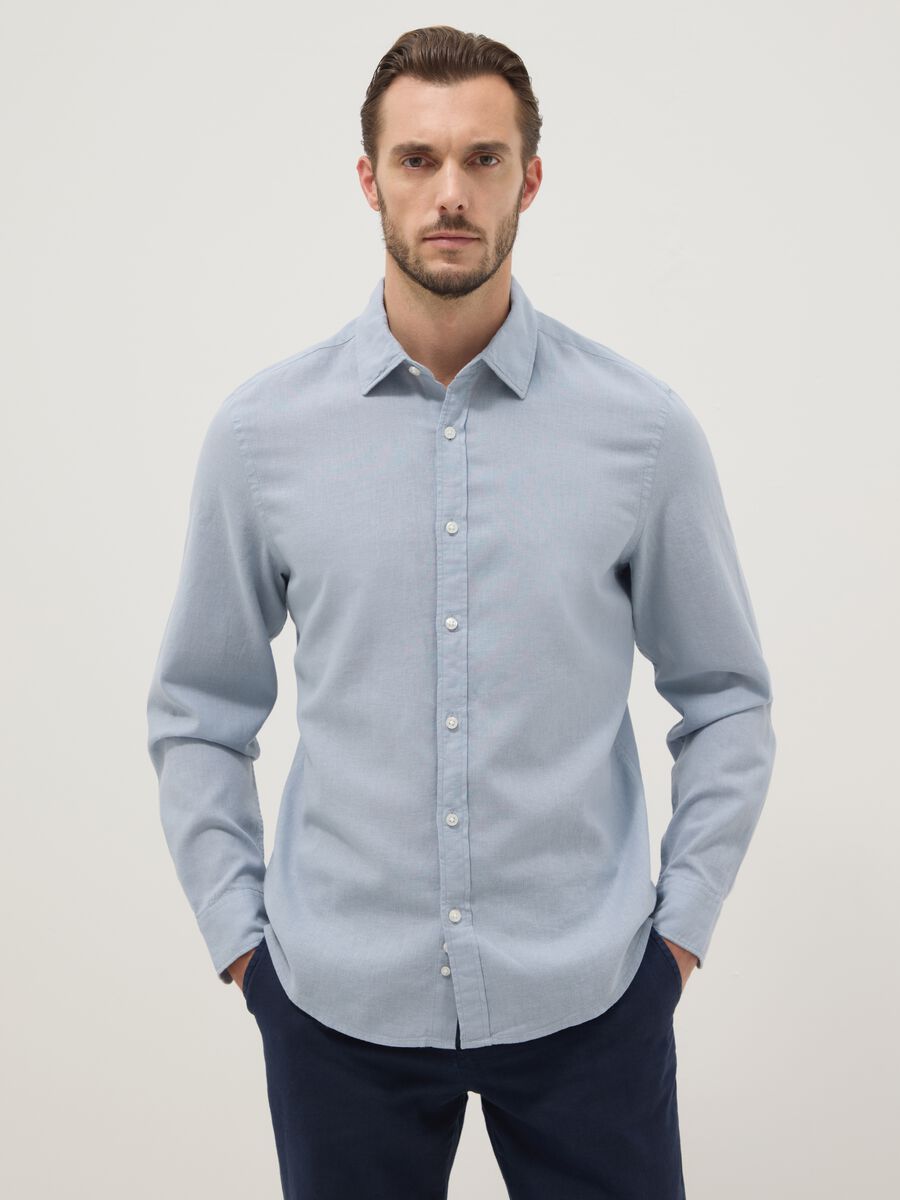 Regular fit blue shirt in linen and cotton blend_1