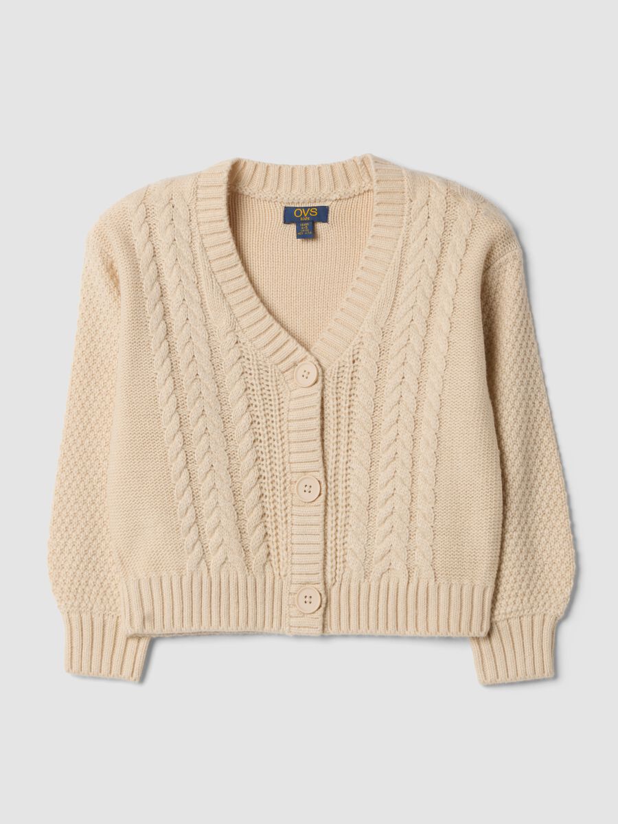 Cardigan beige in maglia con scollo profondo a V_0