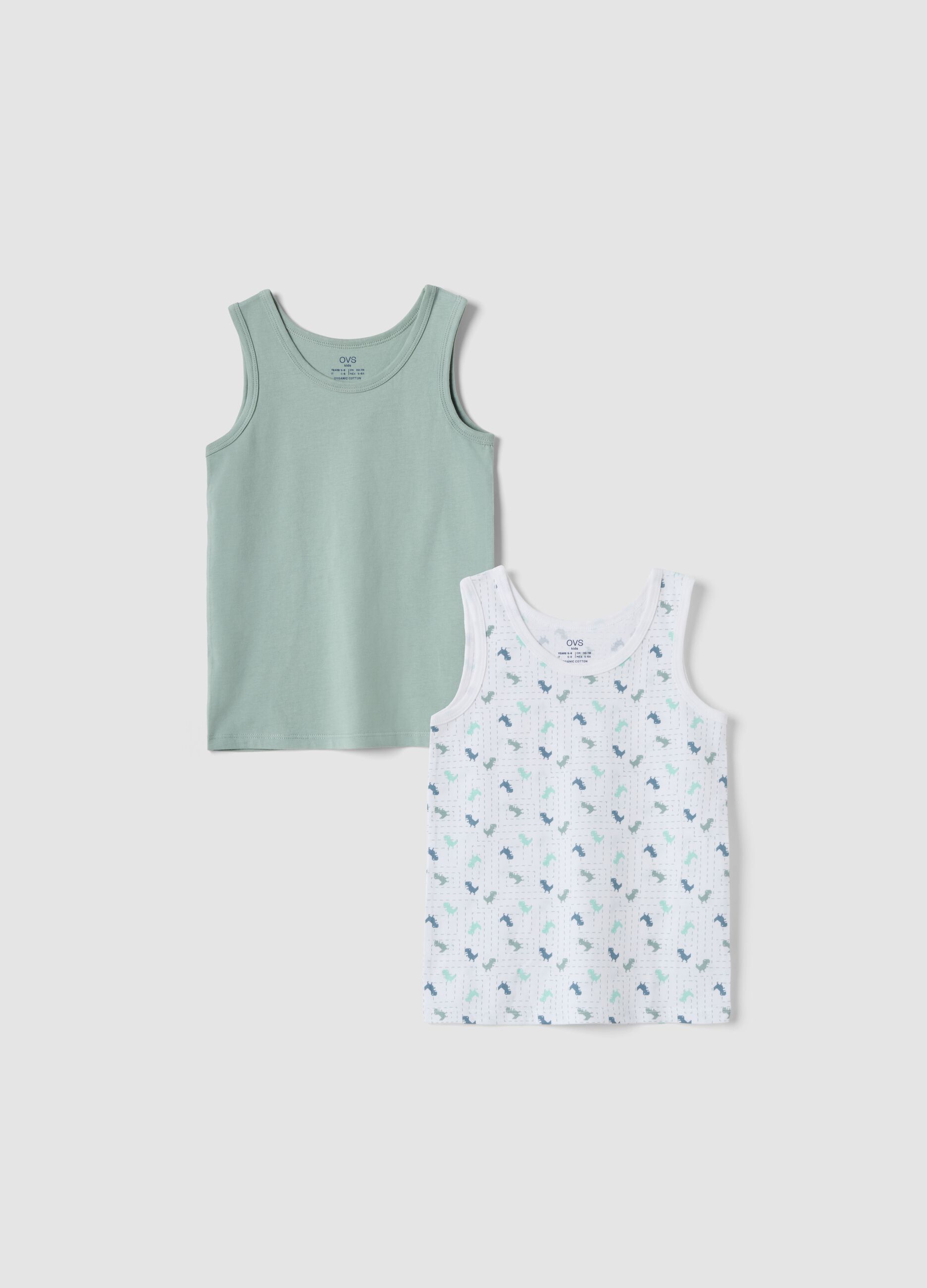 2-pack of green and white organic cotton racer vests with print