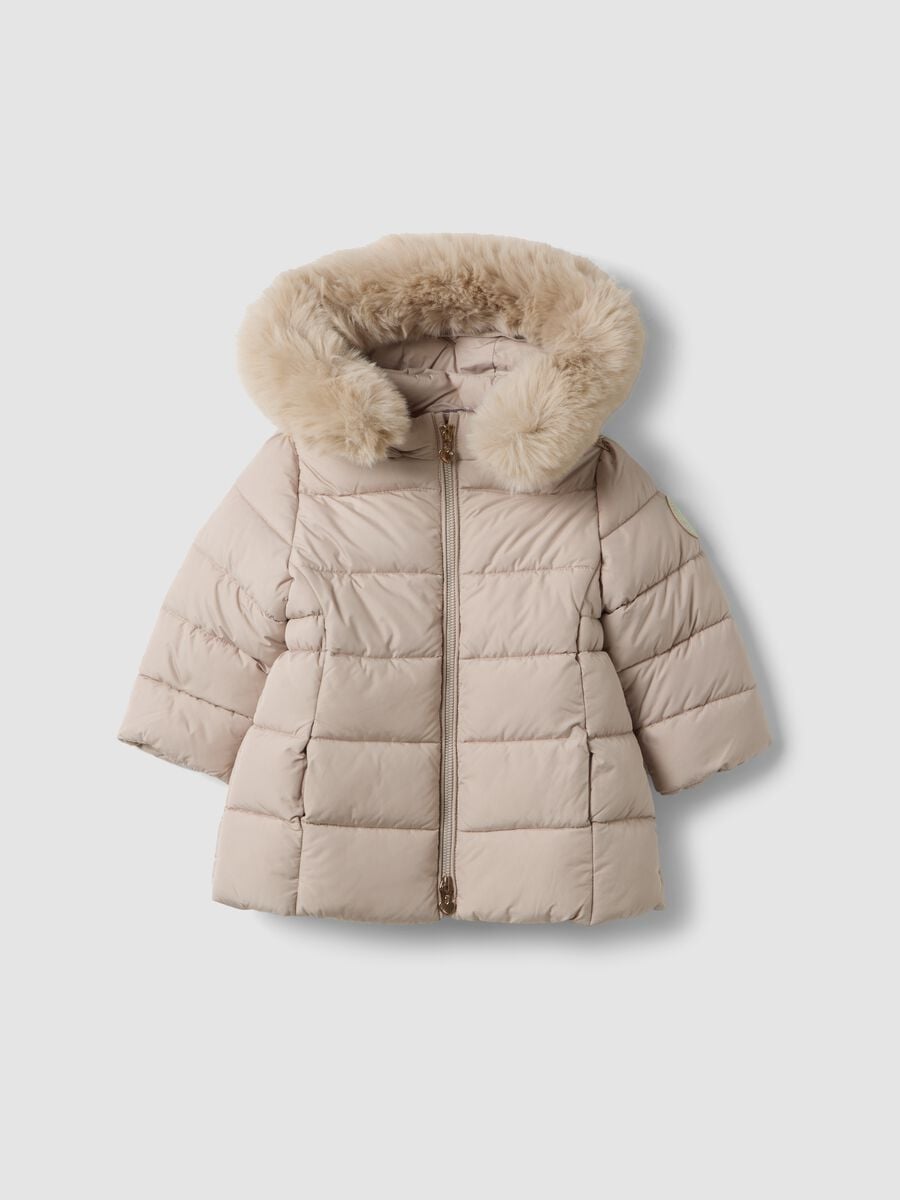 Taupe padded hooded jacket with contrast trim_0