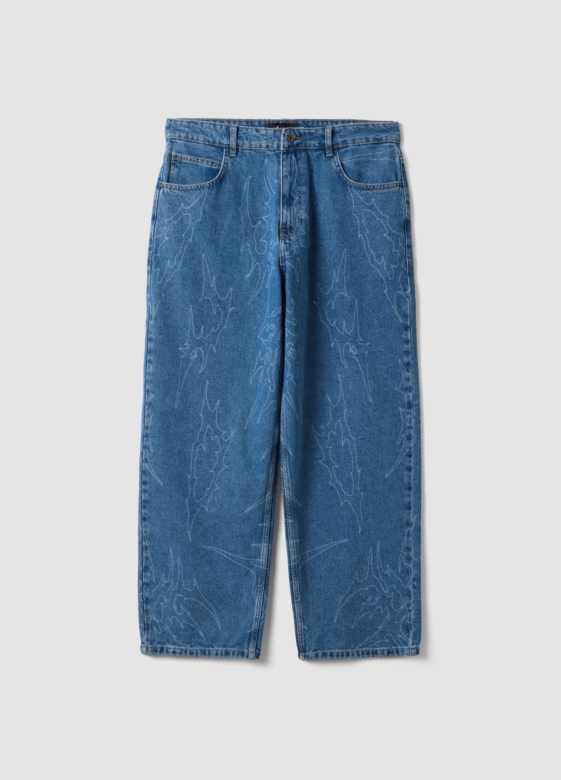 Blue denim baggy-fit jeans in pure cotton with all-over print