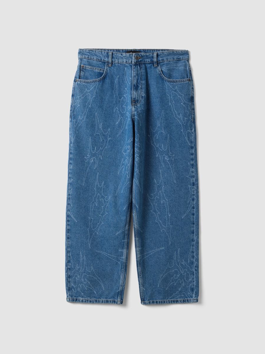 Blue denim baggy-fit jeans in pure cotton with all-over print_0