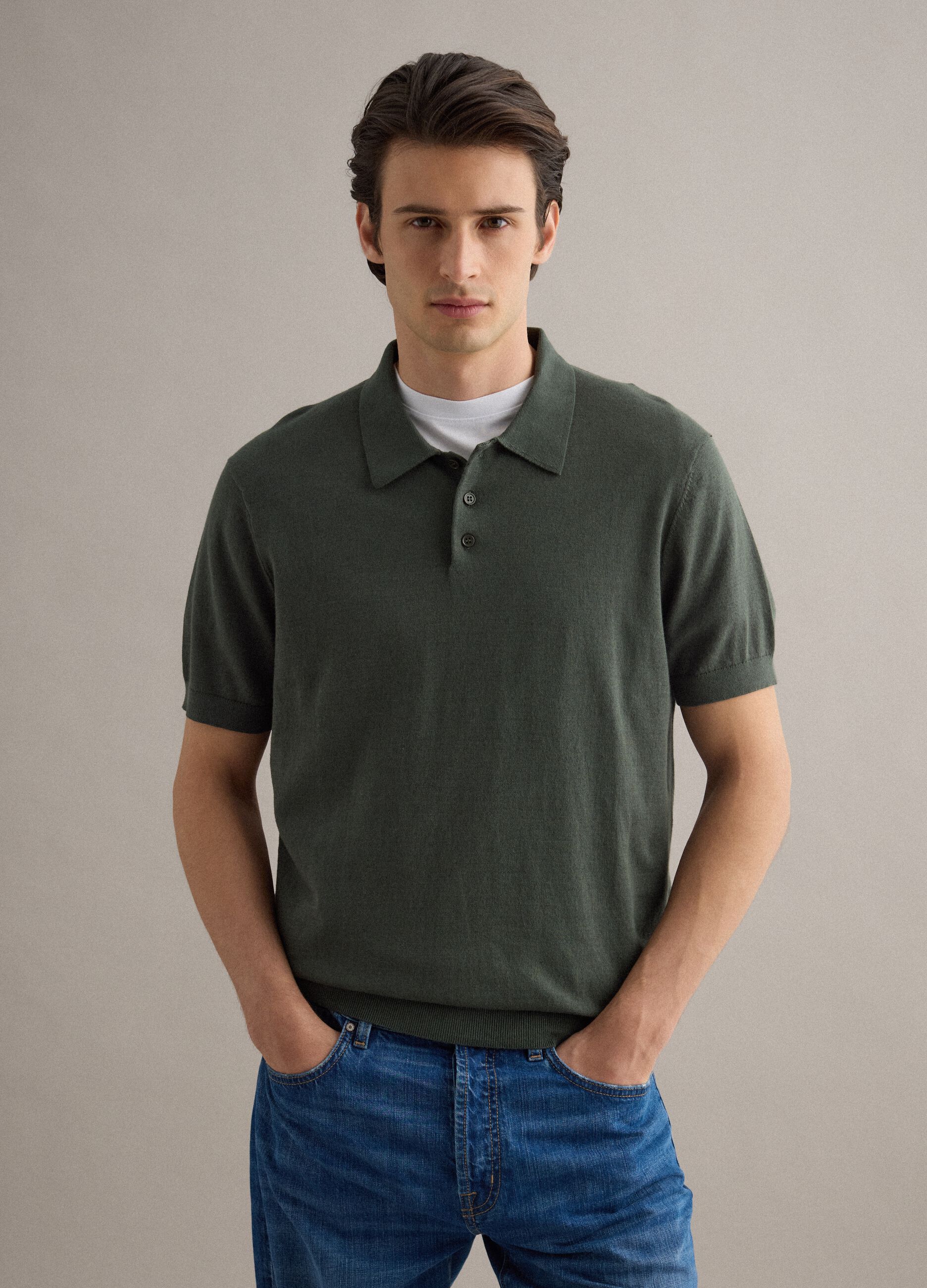 Regular fit green cotton, linen and silk blend polo