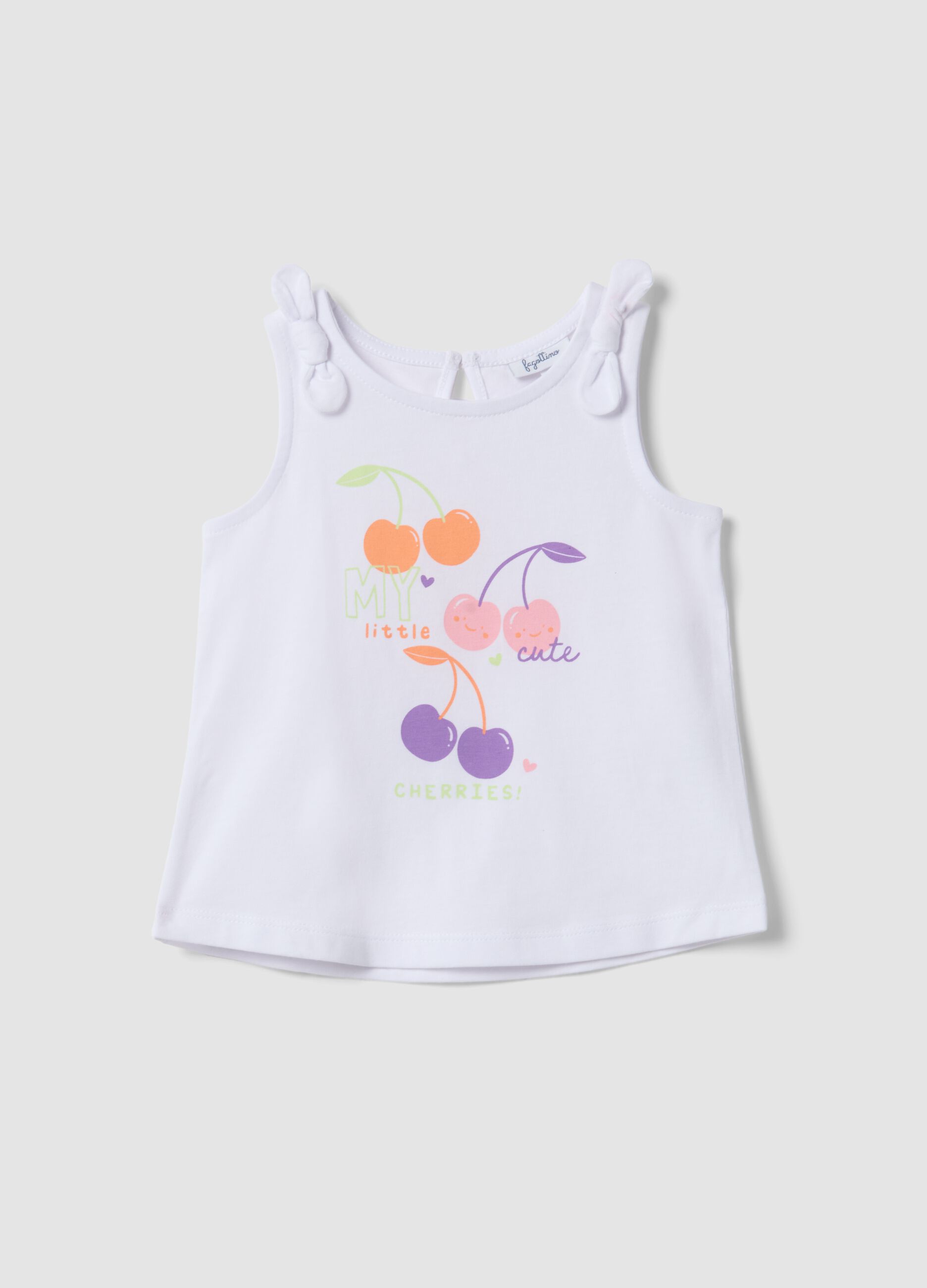 White pure cotton tank top for girls regular fit with cherries