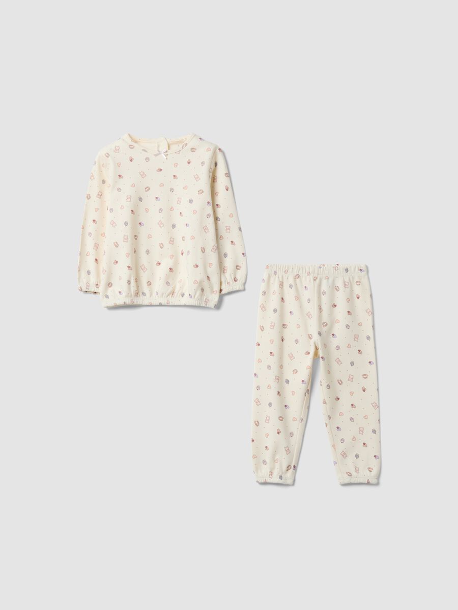 White organic cotton pyjamas with hearts and teddy bear print for baby girl_0