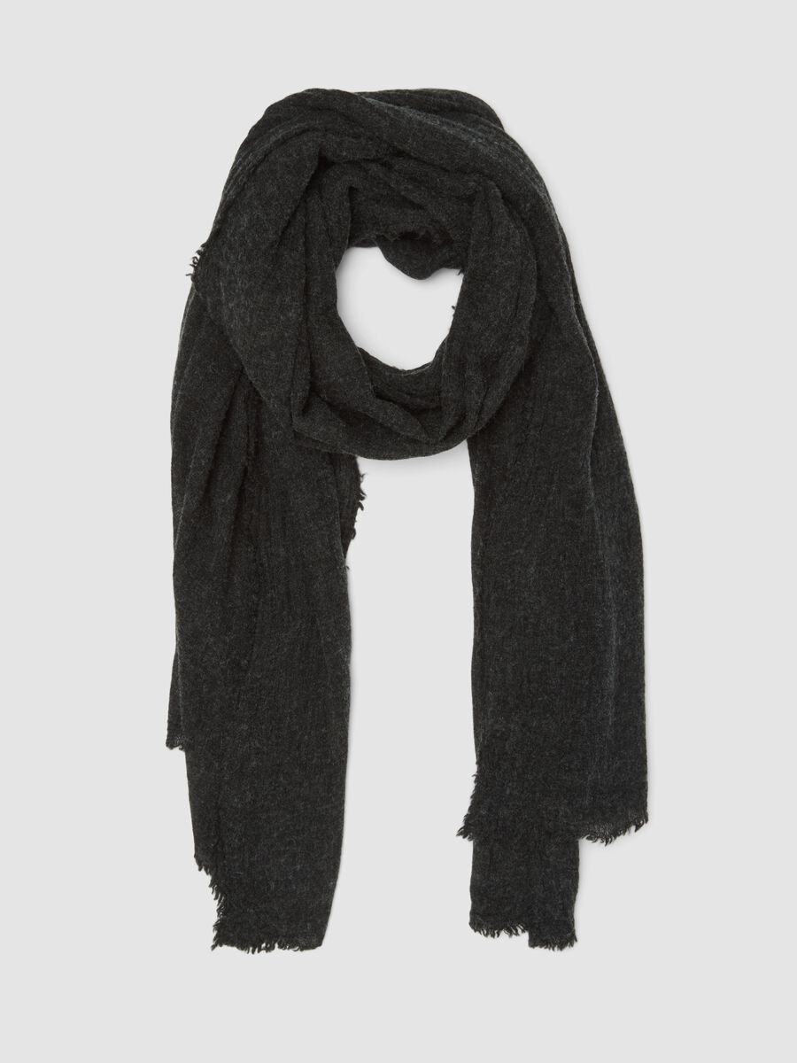Black wool-blend scarf with fringed edges_0
