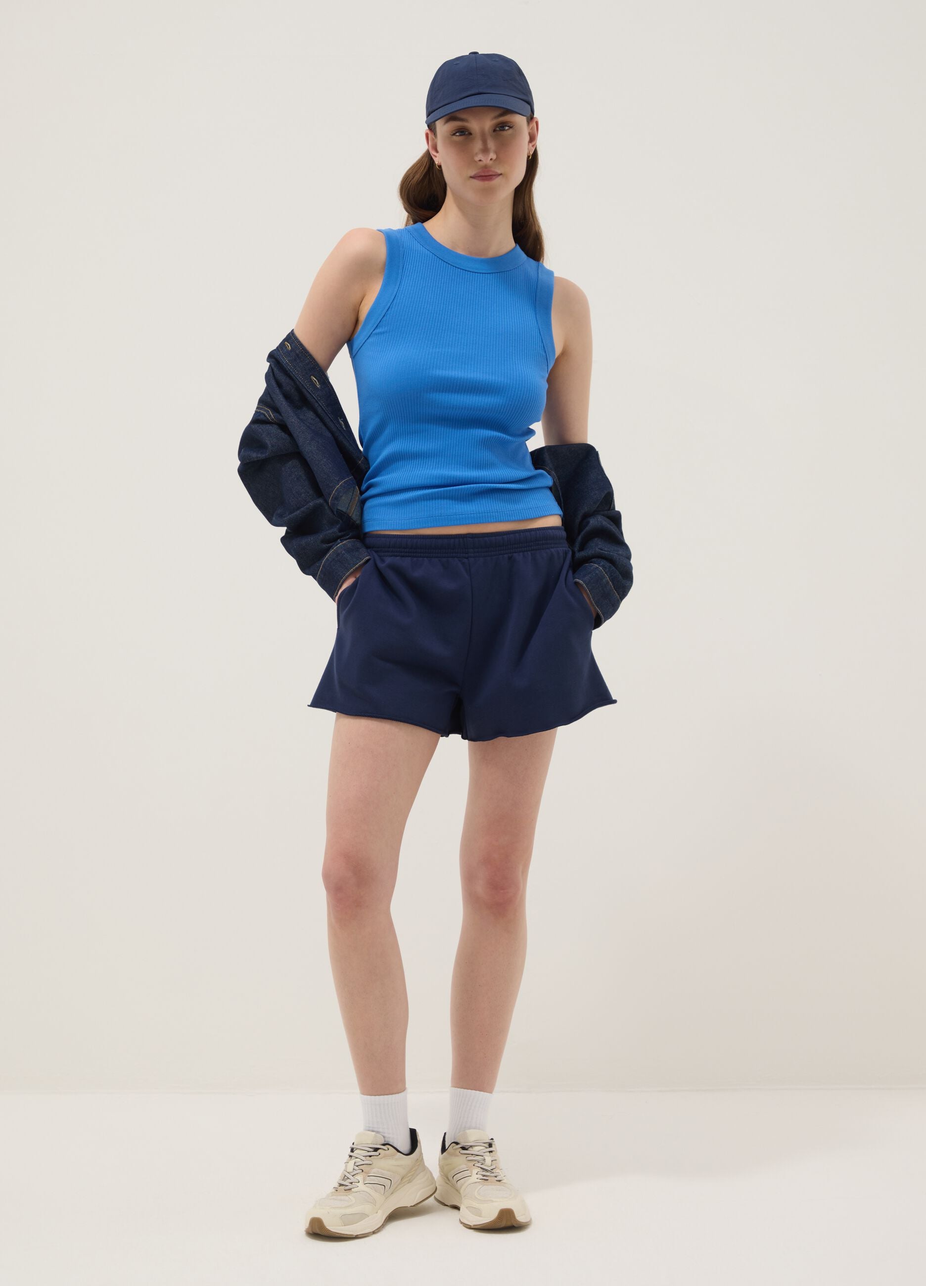Blue cotton-blend shorts with elasticated waistband