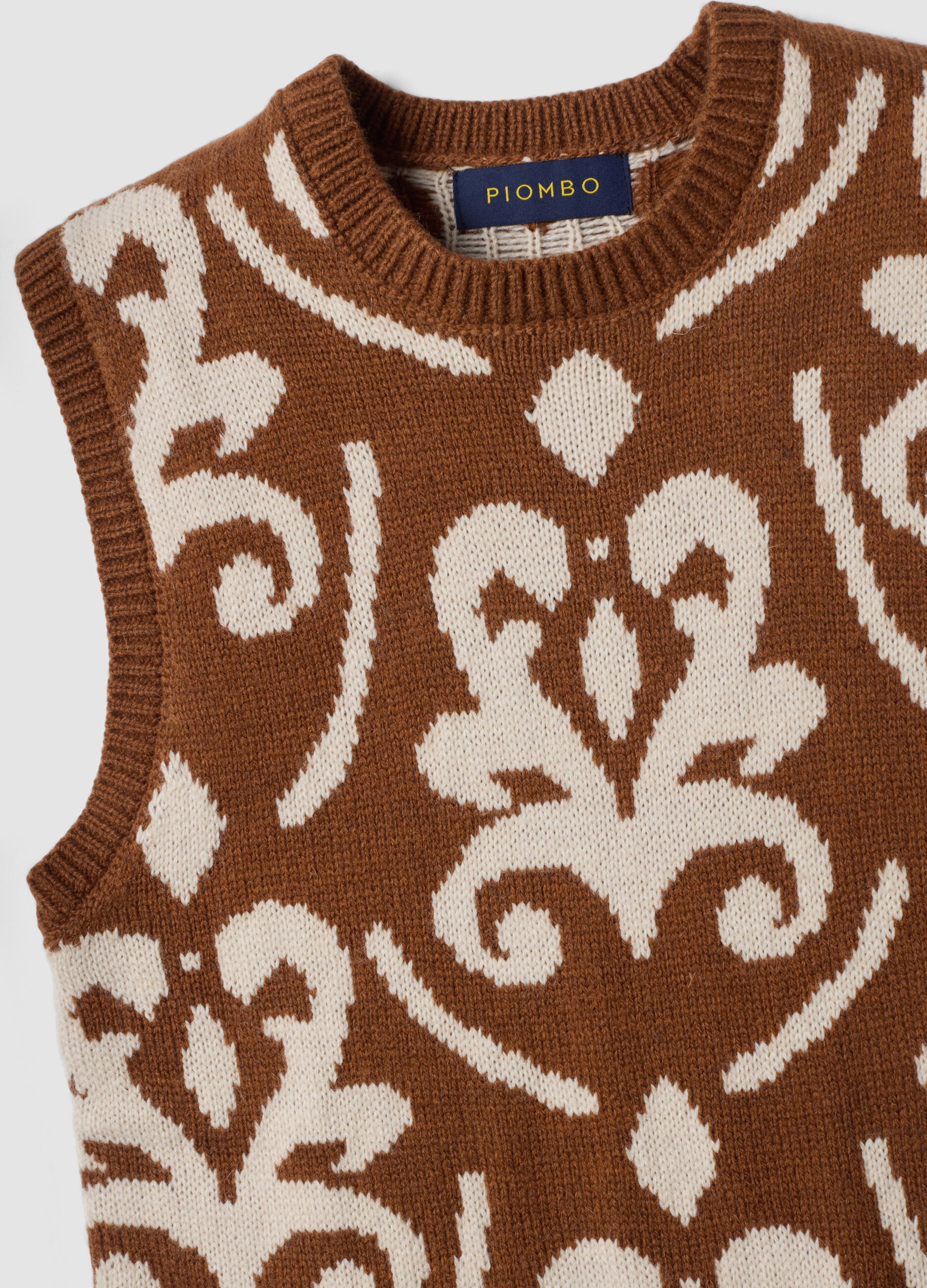 Brown and white wool-blend crew-neck gilet