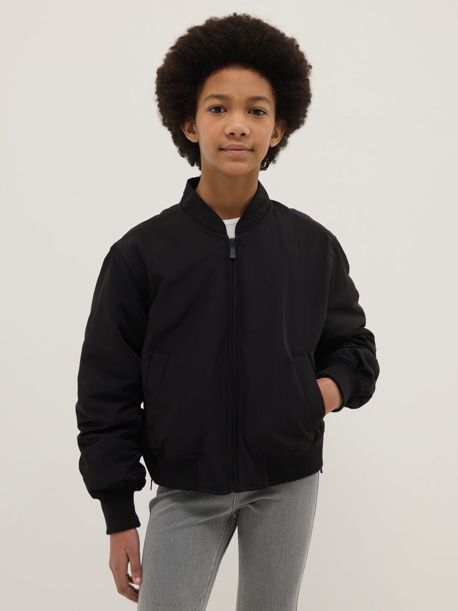 Oversized fit black bomber jacket for girls with pockets_0