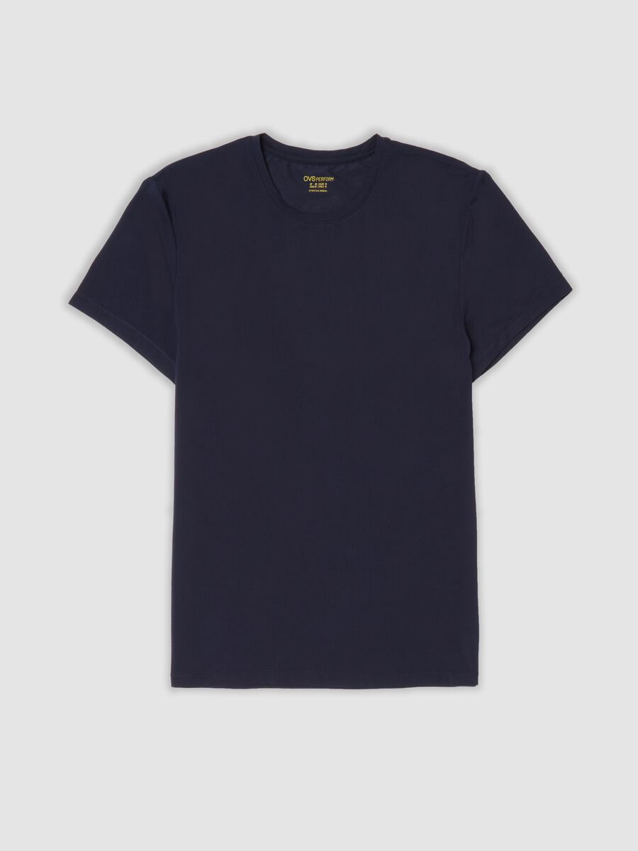 Blaues T-Shirt aus elastischem Modal mit Rundhalsausschnitt_0