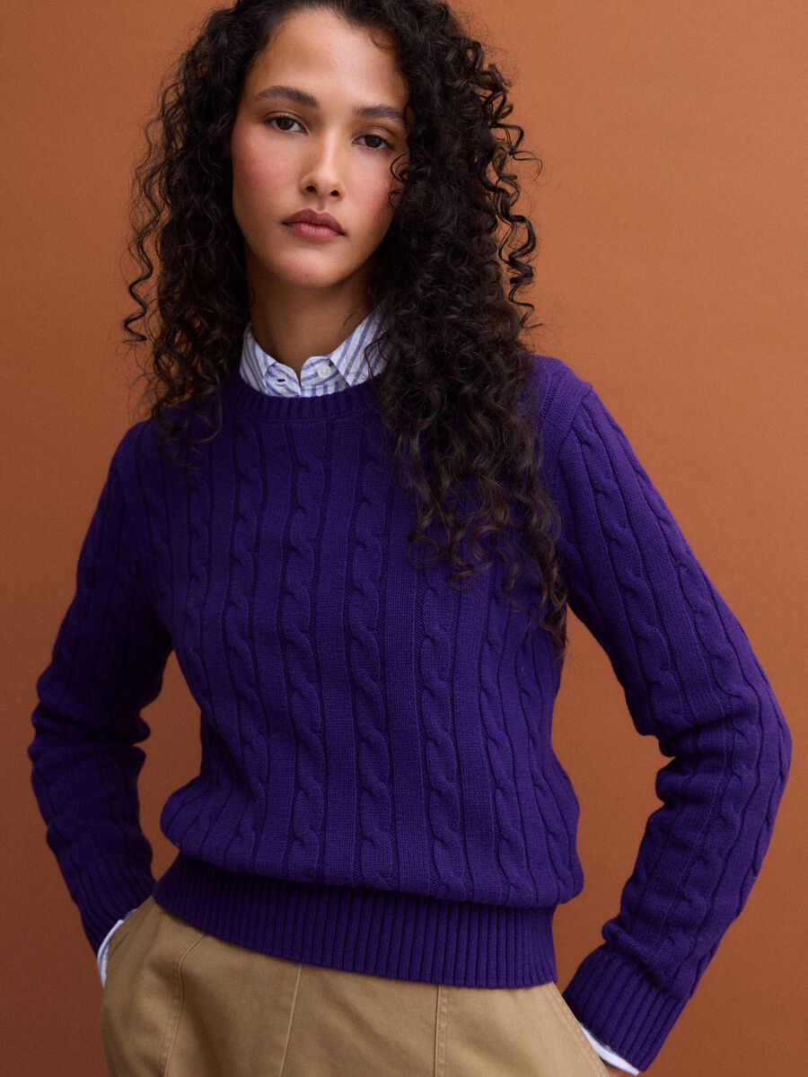 Violetter Zopfmuster-Pullover aus reiner Baumwolle mit Rundhalsausschnitt_0