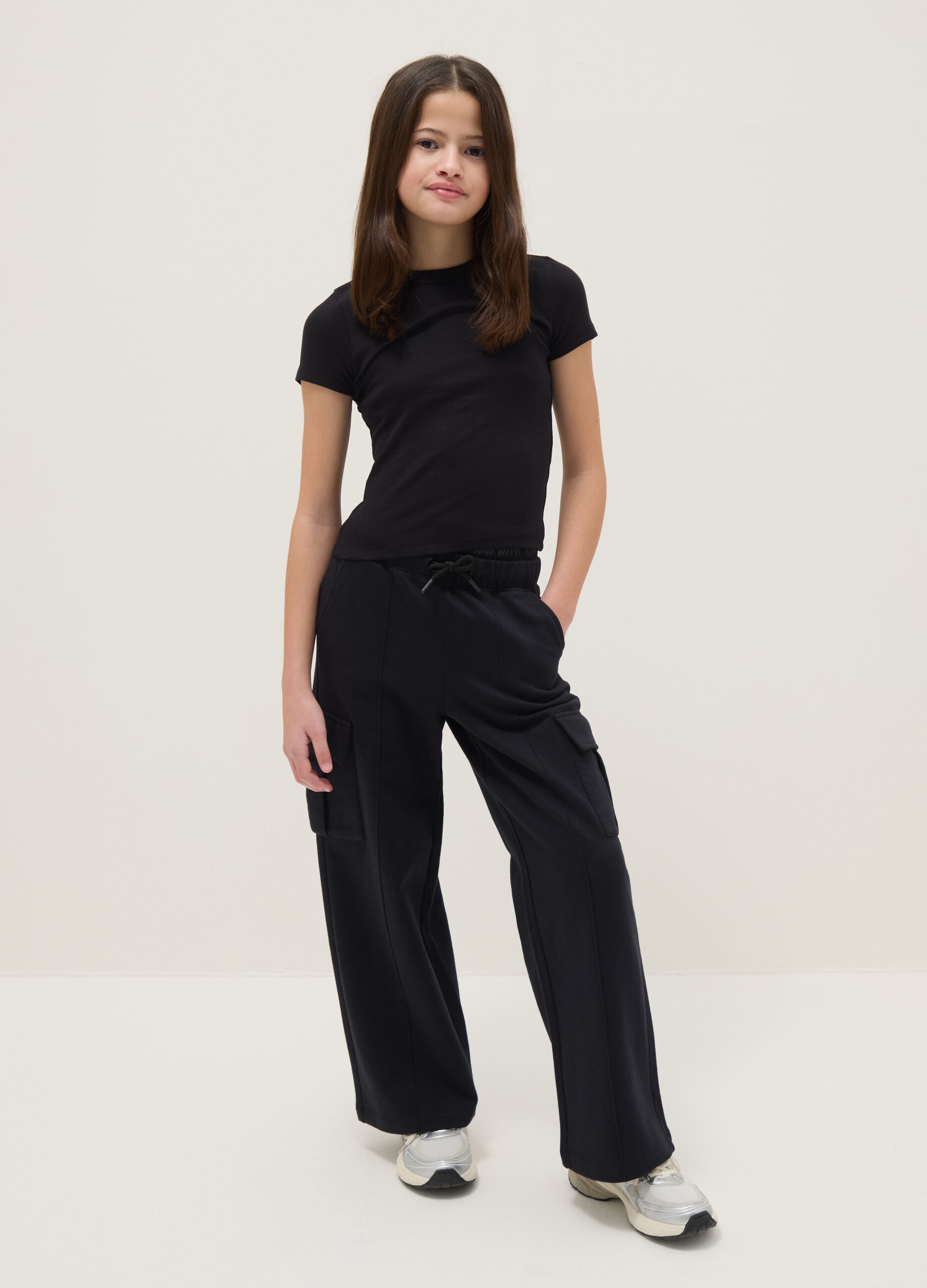 Girls' black pure cotton relaxed fit trousers