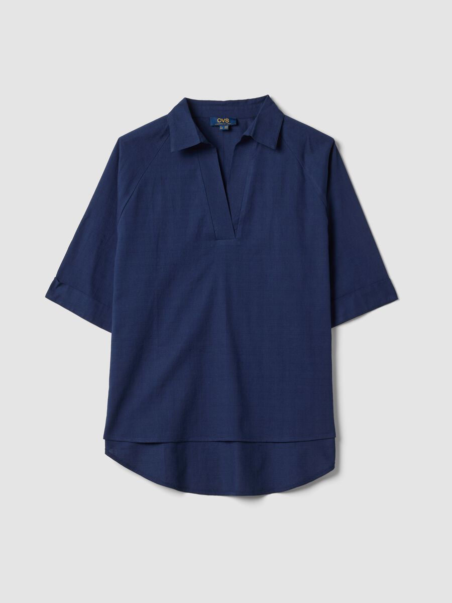 Top bleu en pur coton &agrave; col V_0