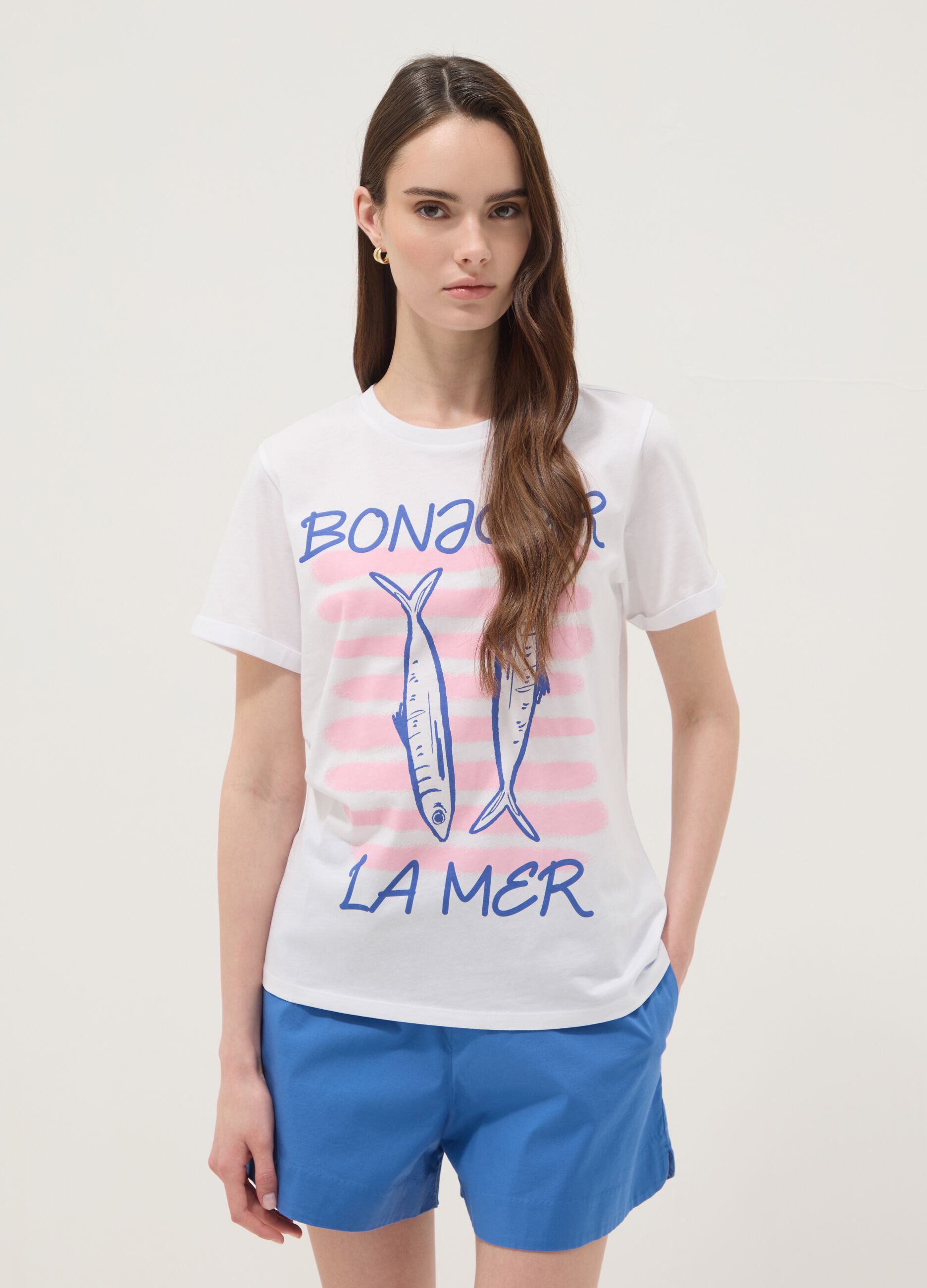 Wei&szlig;es T-Shirt aus reiner Baumwolle mit Frontprint, Regular Fit