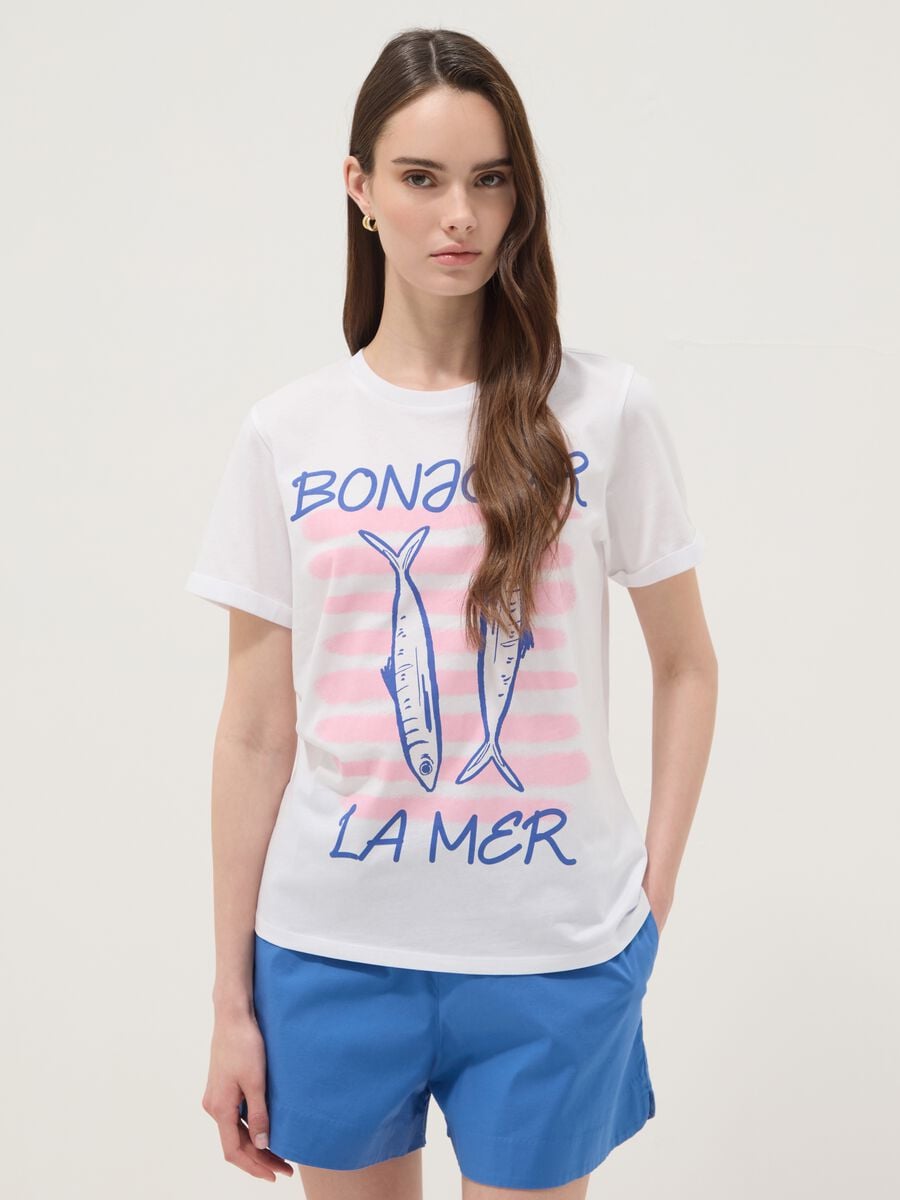 White pure cotton T-shirt with front print, regular fit_0