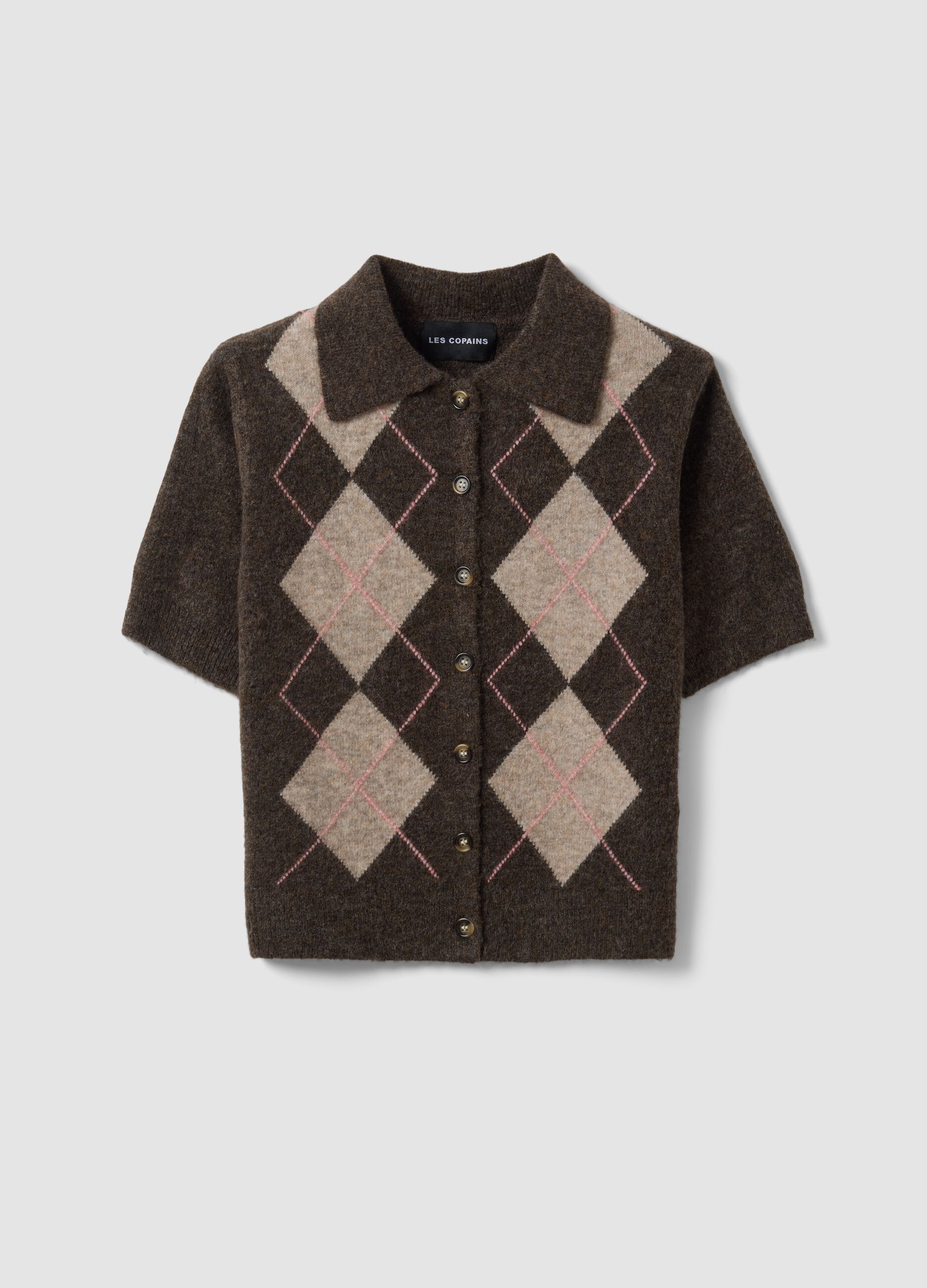 Cardigan marrone in lana elasticizzata con collo polo regular fit