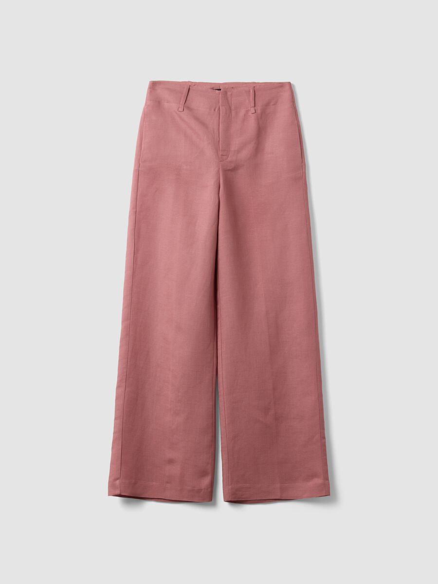 Pink linen-viscose blend wide-leg trousers with structured waistband_4