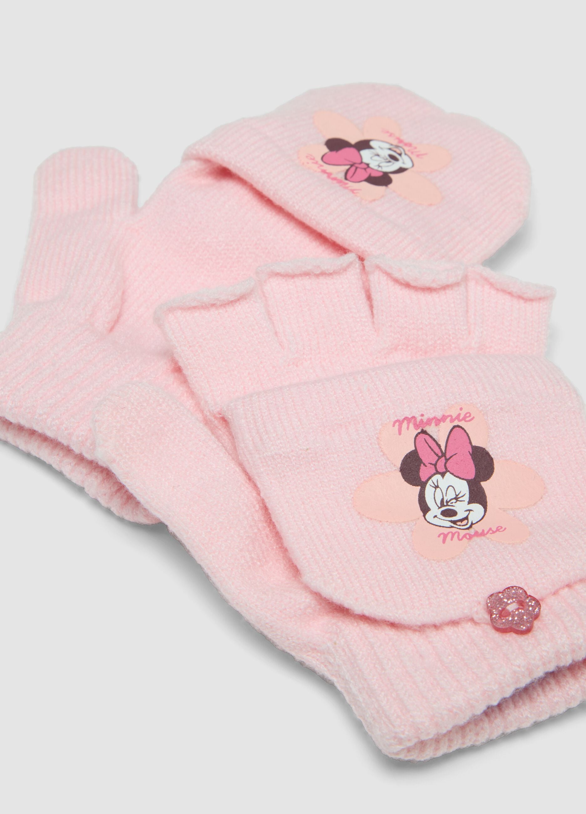 Luvas cor-de-rosa em mistura de viscose com aba convers&iacute;vel e motivo Minnie