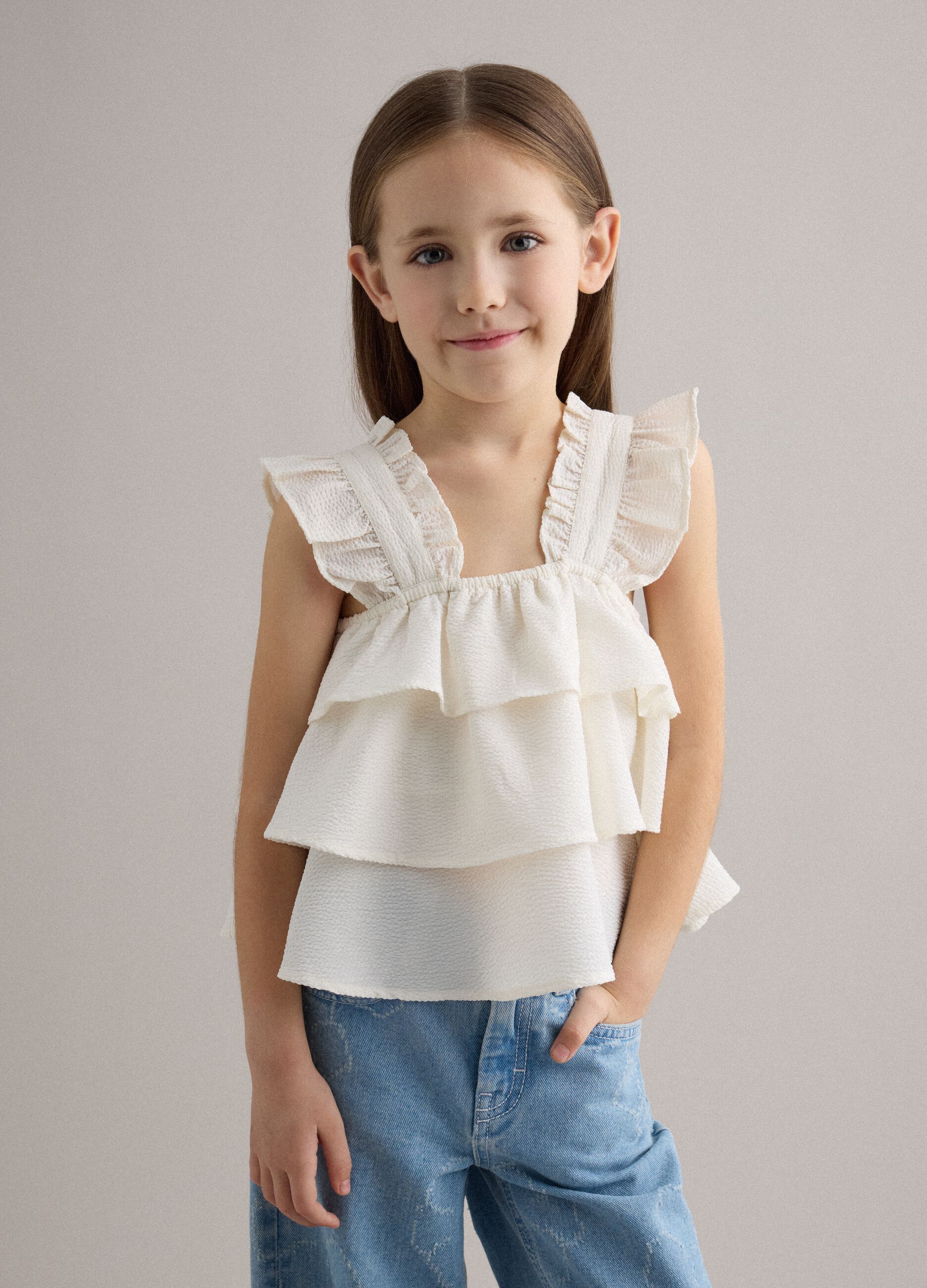 Girls' white regular fit top with ruffles