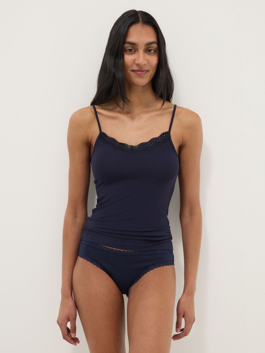 Blue slim fit stretch viscose camisole with lace_0