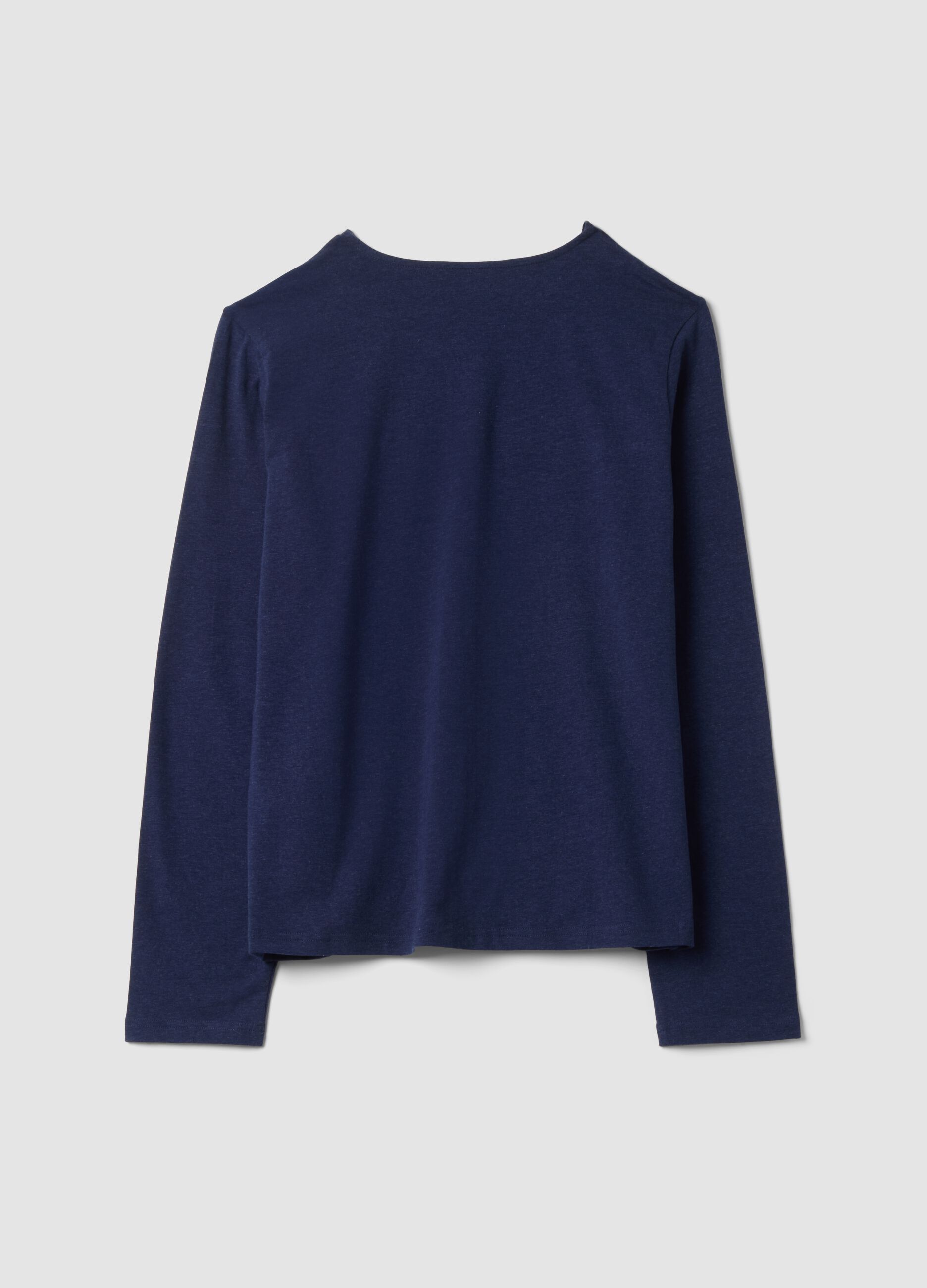 Blue V-neck pyjama top in stretchy cotton, lyocell and wool