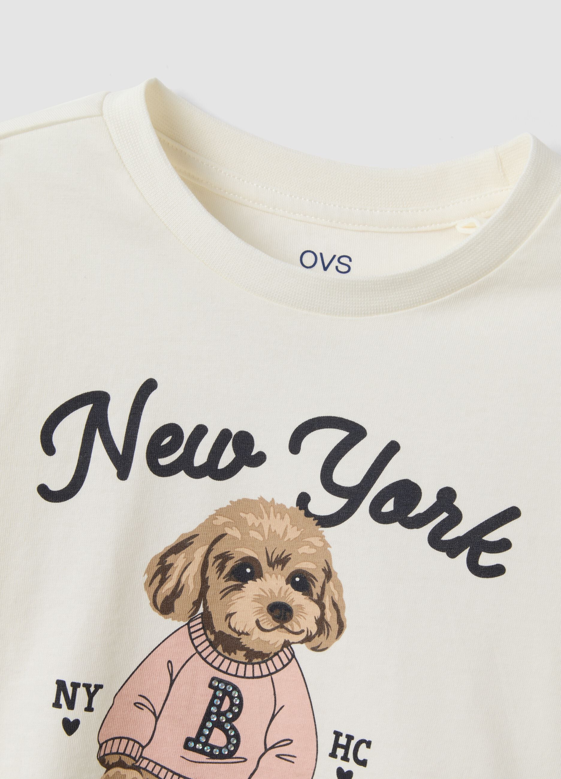 White pure organic cotton T-shirt with puppy print for girls