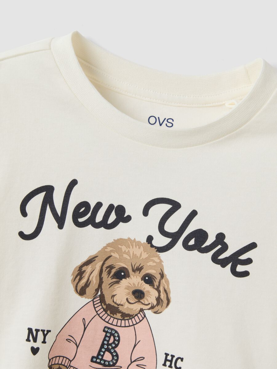 White pure organic cotton T-shirt with puppy print for girls_3