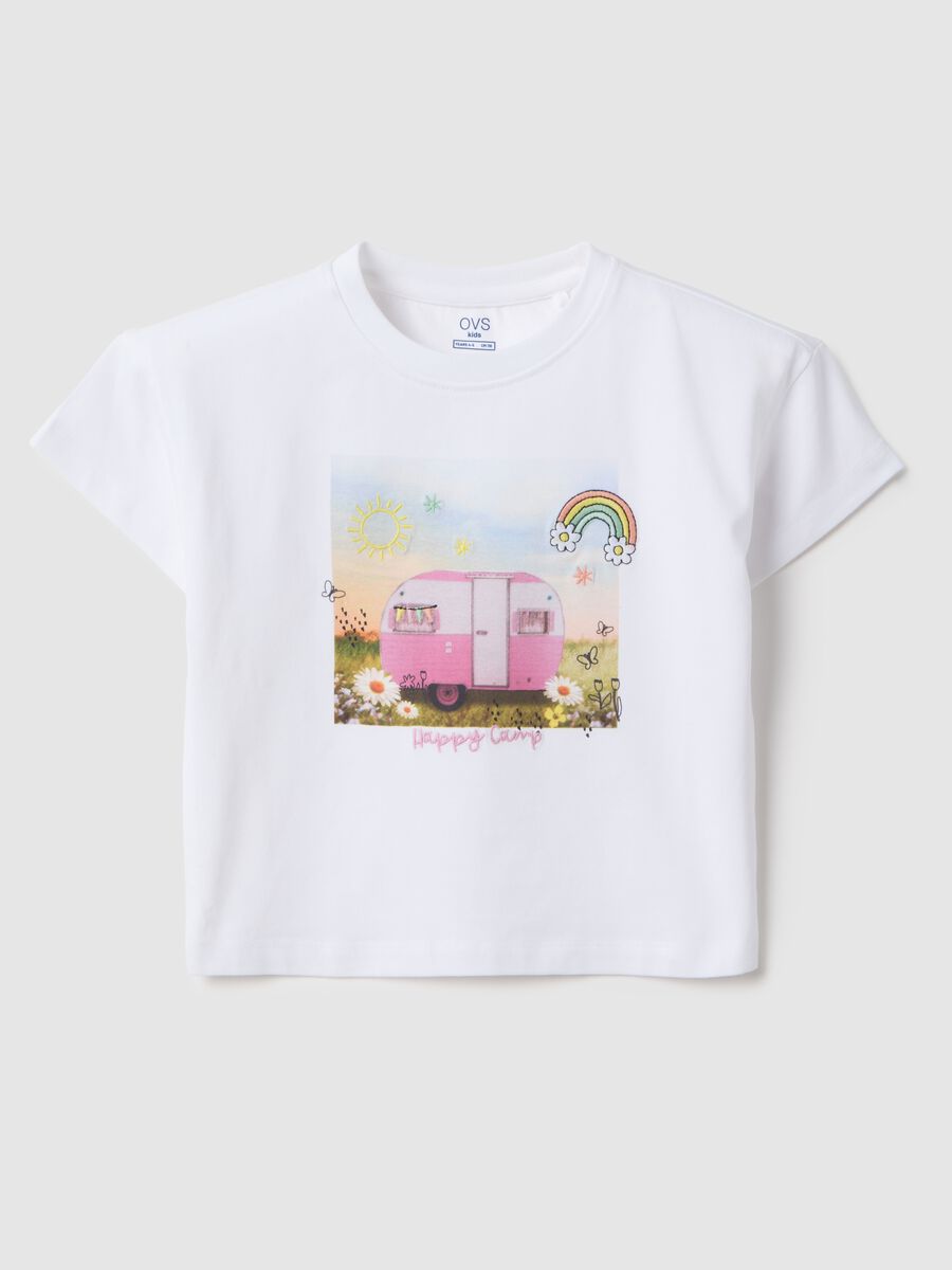 White stretch cotton girl's T-shirt, regular fit with print_0