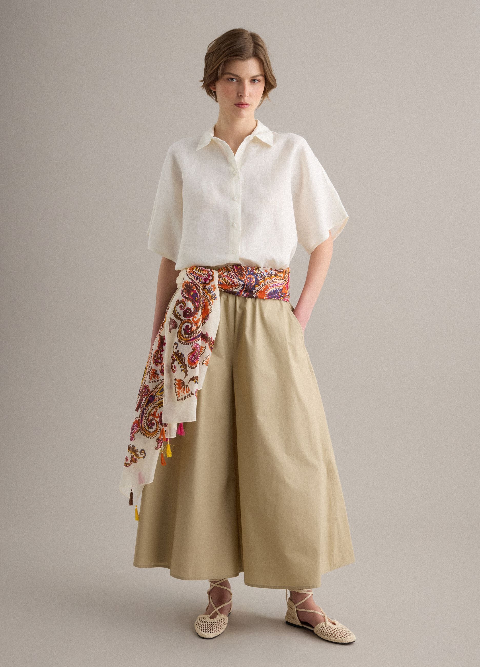 Falda larga beige de algod&oacute;n puro