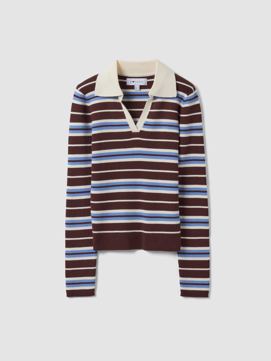 Multicolour striped viscose-blend fitted polo-collar knit top_0