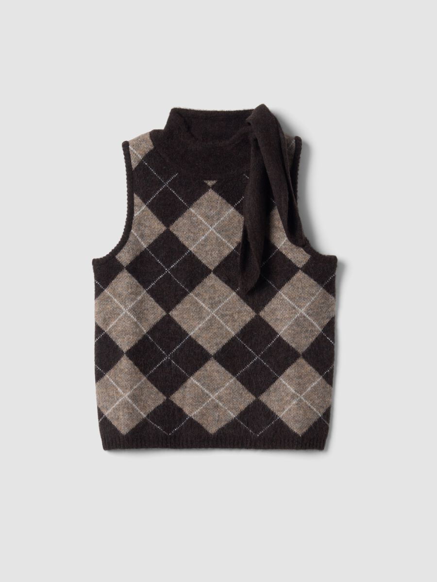 Brown stretch wool gilet with stand collar_4