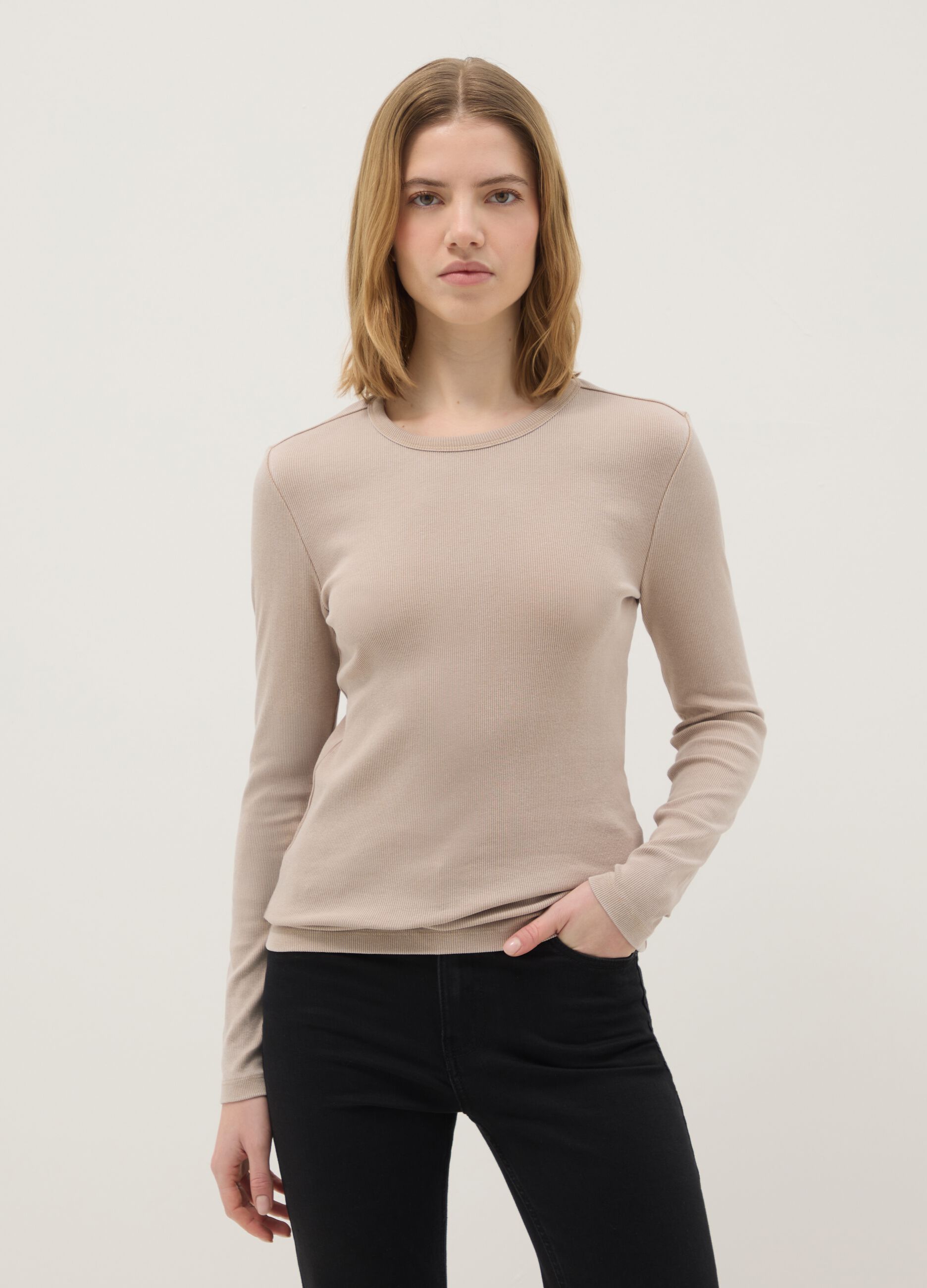 Beige regular fit stretchy cotton long sleeve top