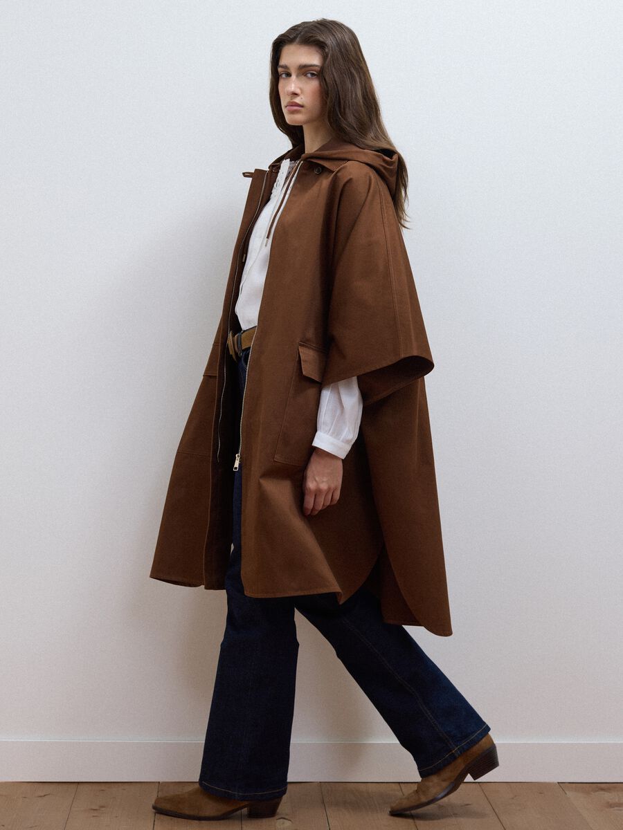 Brown pure cotton hooded cape with oversized fit_0