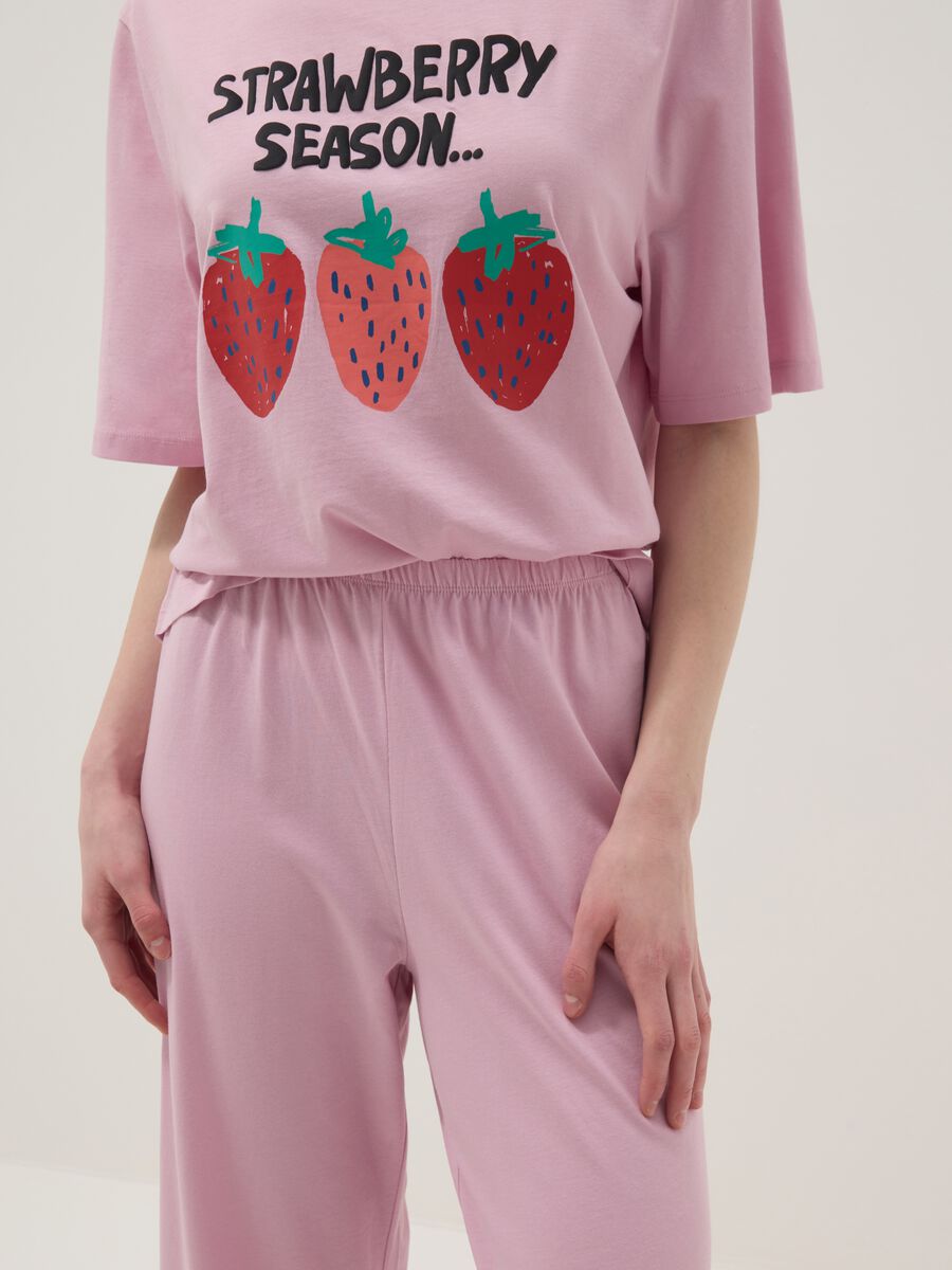 Long pink pure cotton pyjamas with strawberries, regular fit_3
