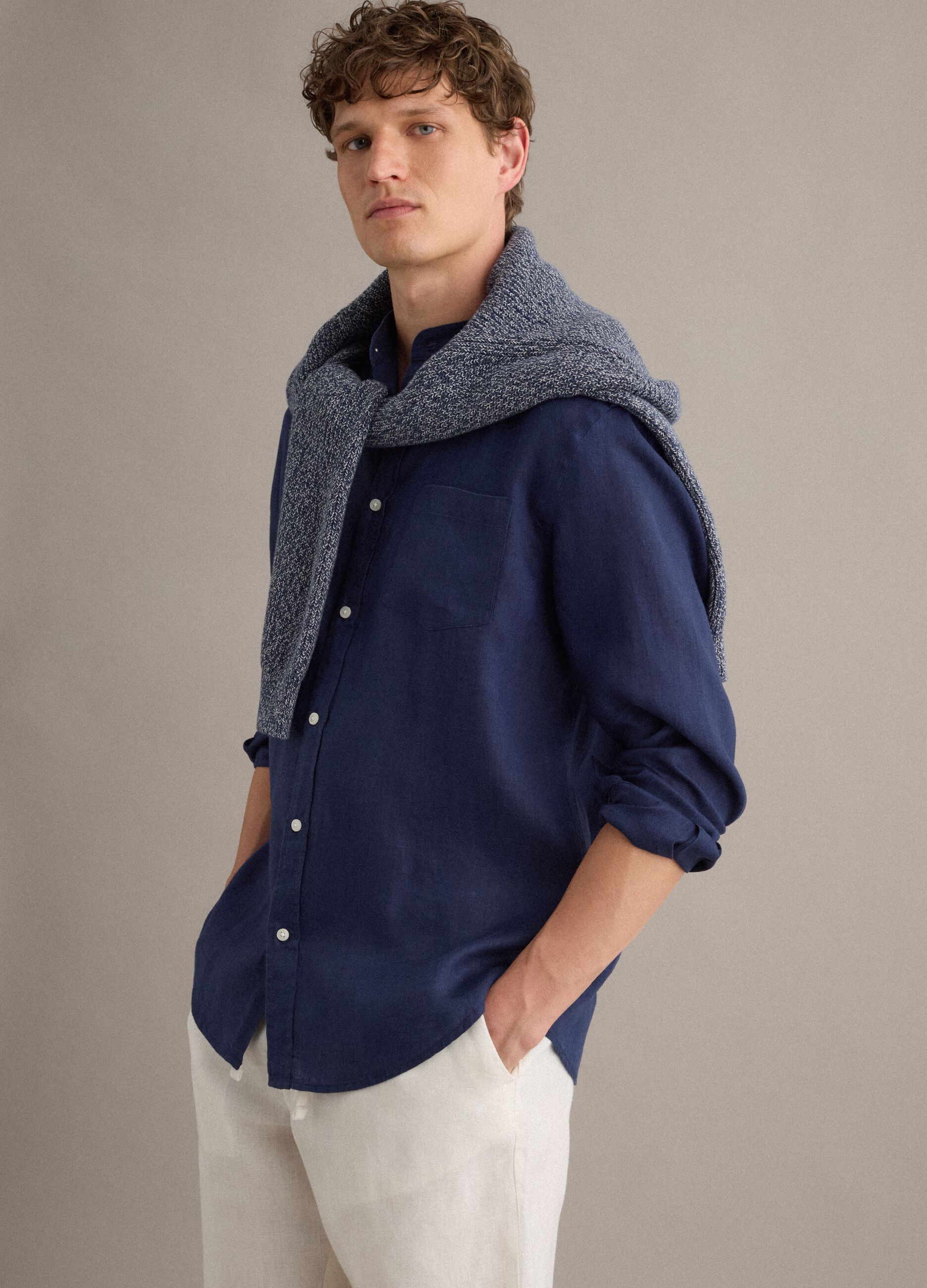 Blue pure linen shirt with band collar, regular fit