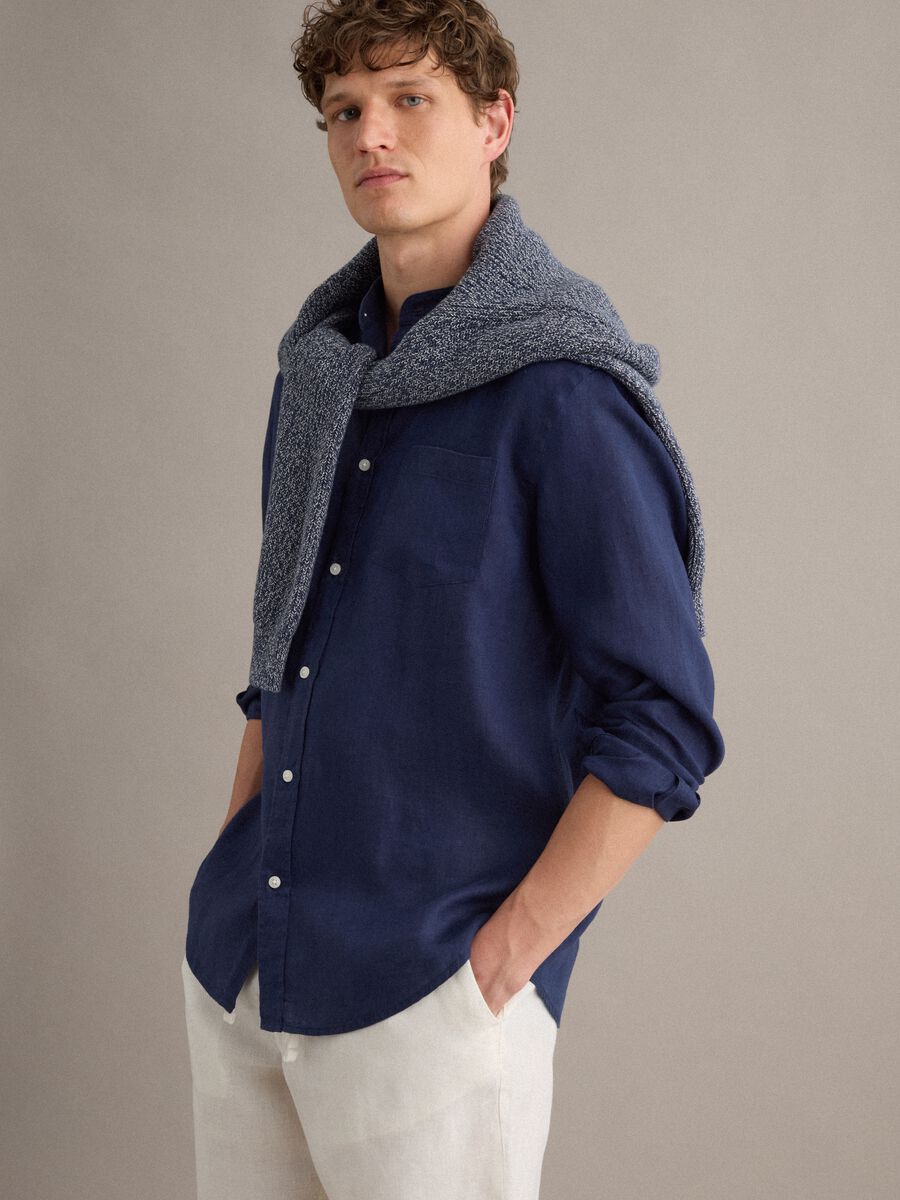Blue pure linen shirt with band collar, regular fit_0