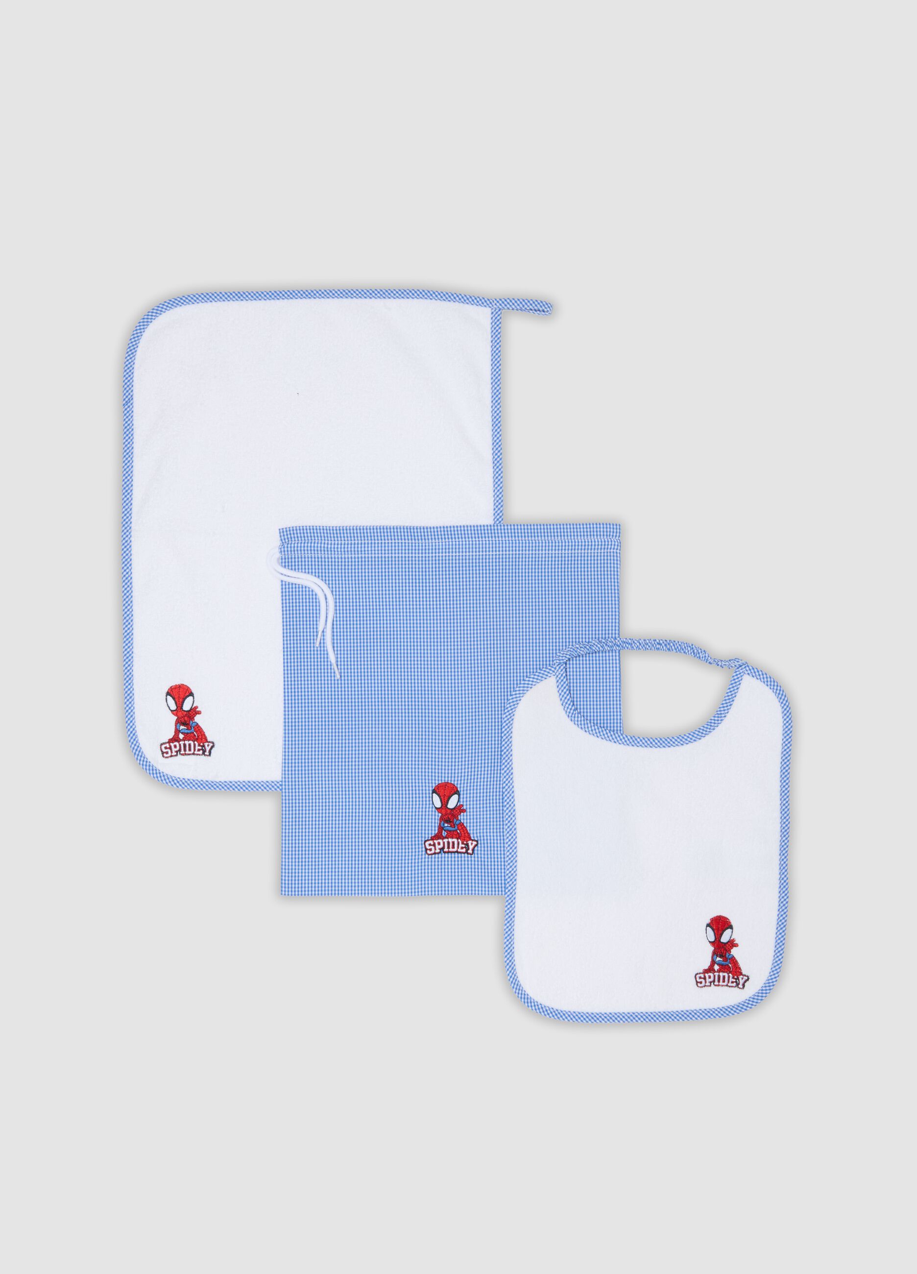 Blue nursery set with bib, towel and drawstring bag, Spidey embroidery