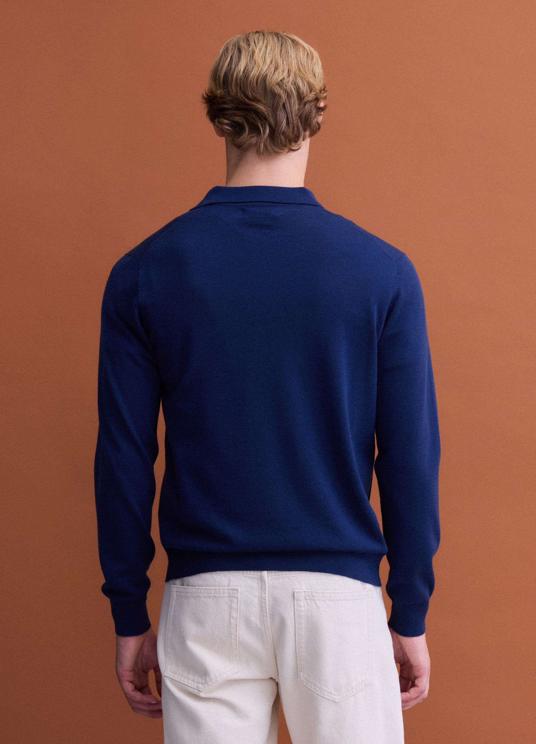 Blue pure merino wool polo jumper with polo collar