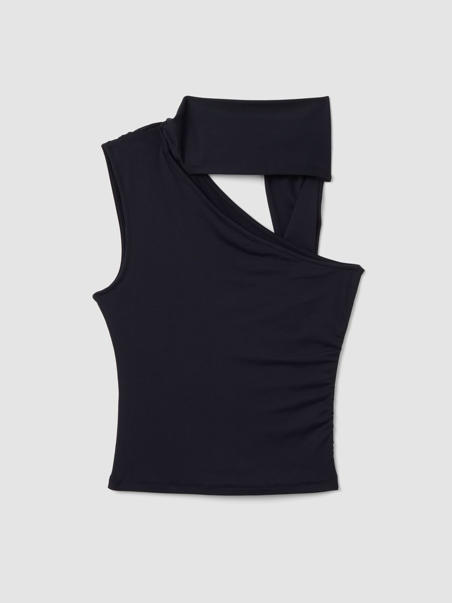 Black stretch top with asymmetric neckline and draped band_6