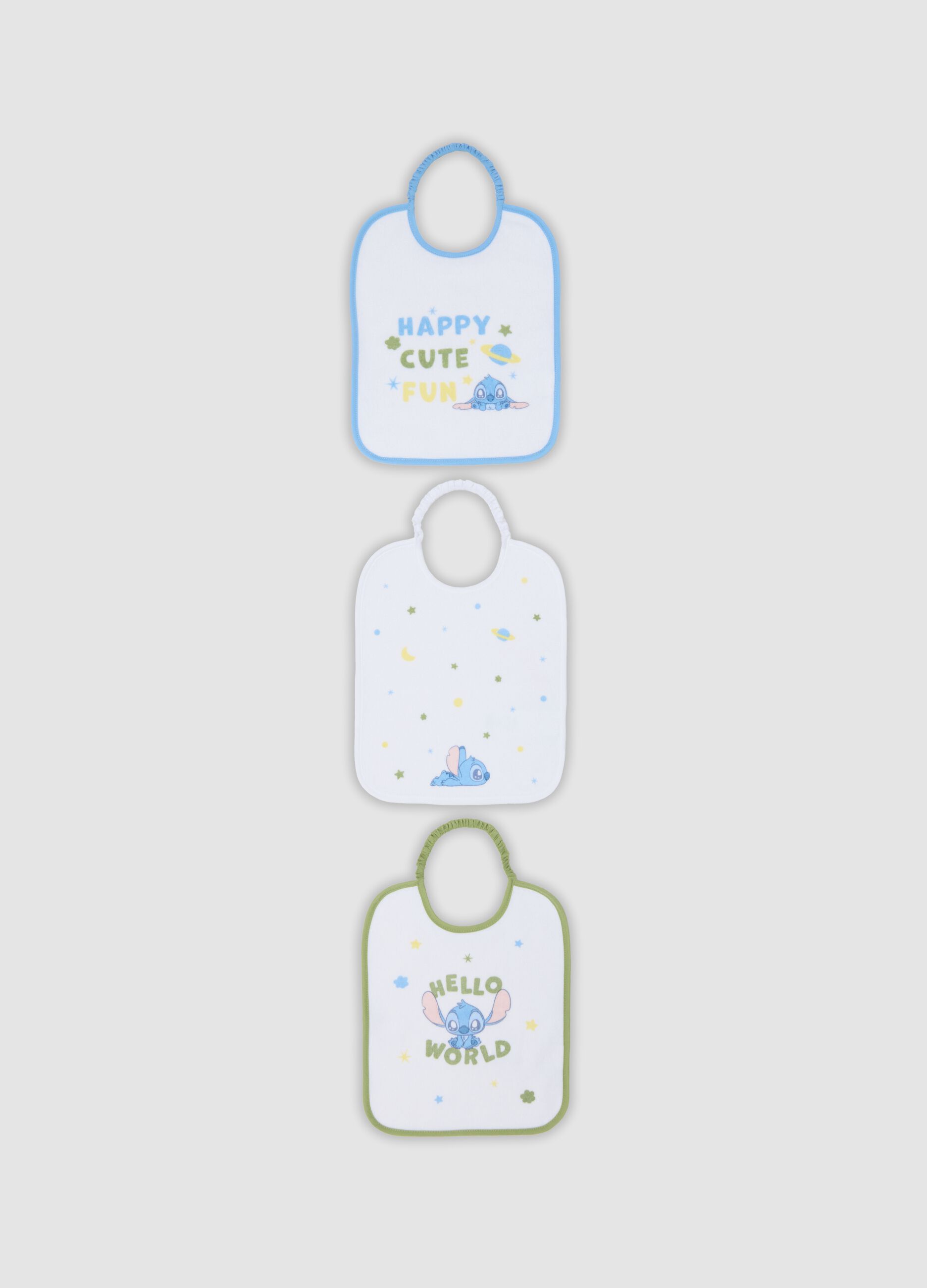 3-pack of white organic cotton-blend bibs with Lilo & Stitch prints