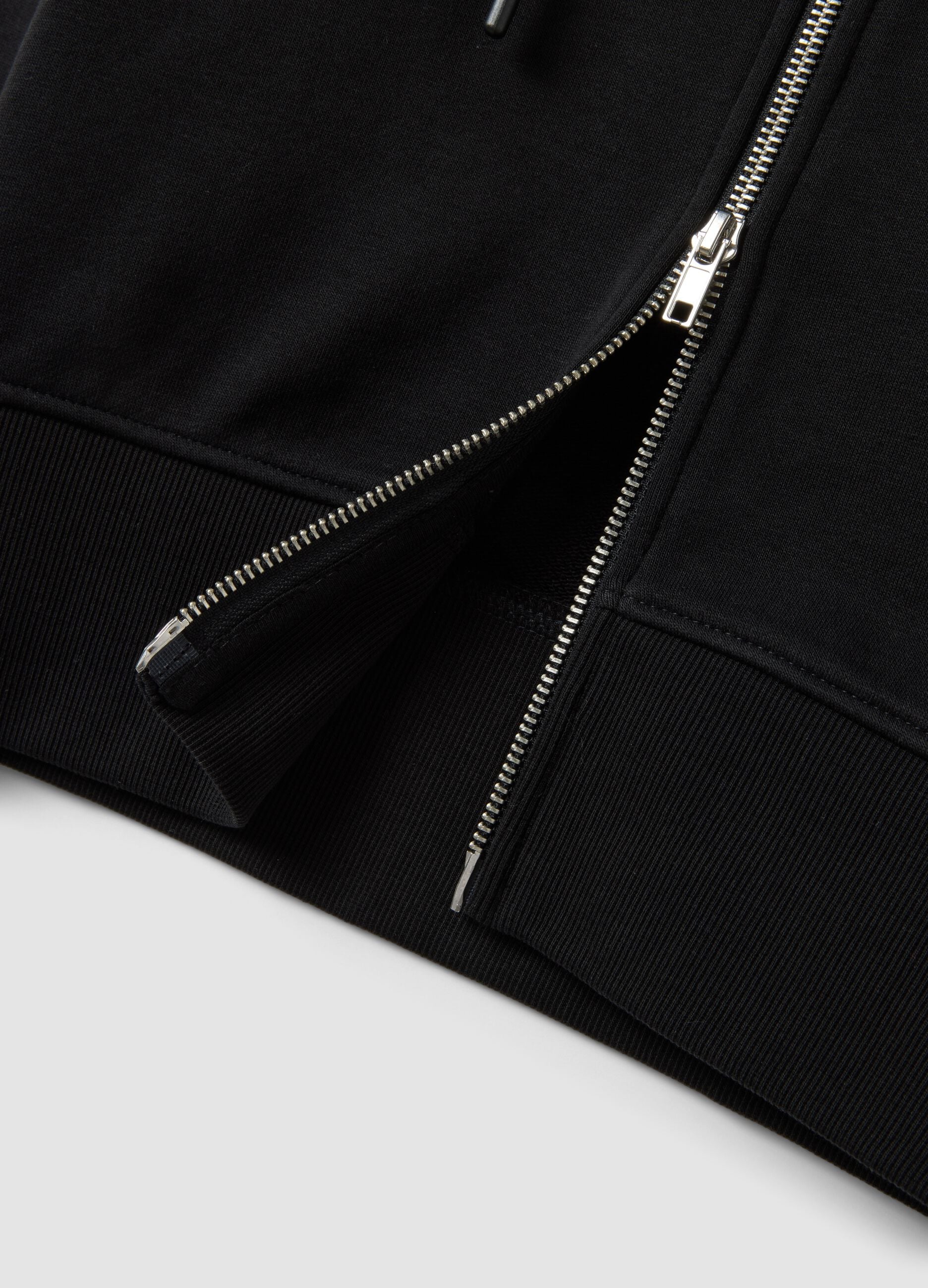 Black cotton-blend full-zip fitted hoodie