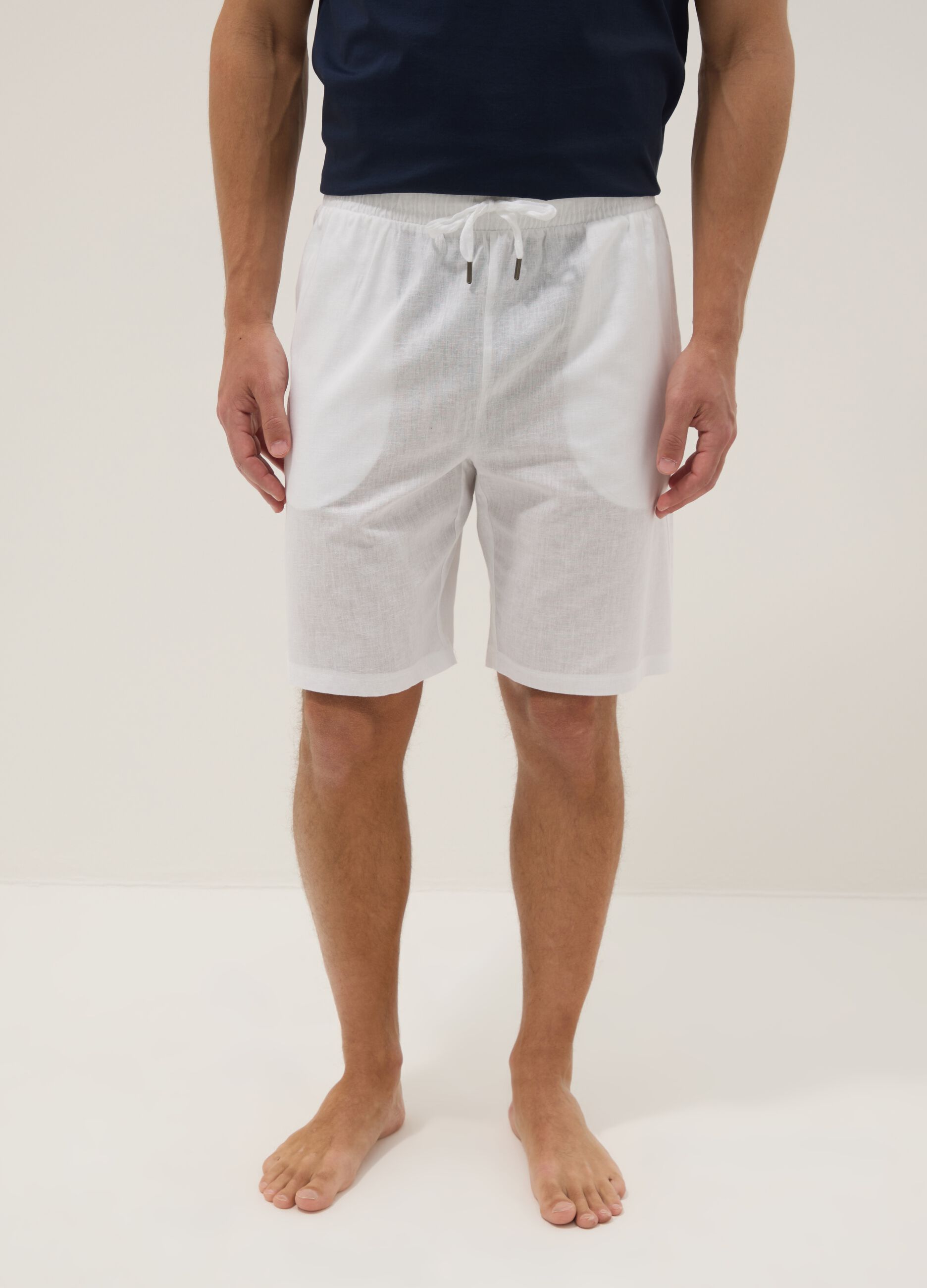 White cotton and linen blend pyjama shorts, regular fit