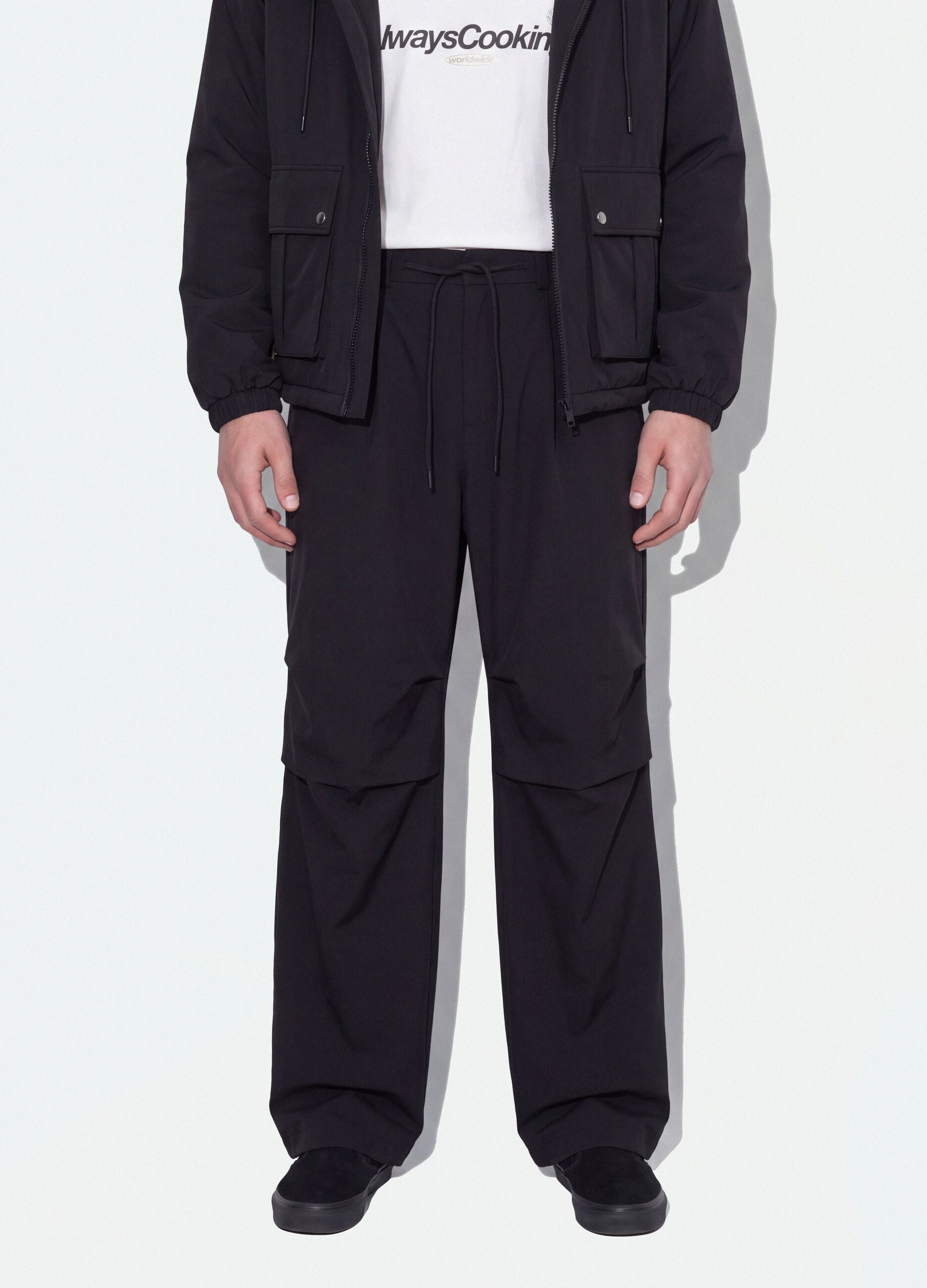 Black stretch-fabric parachute-fit trousers
