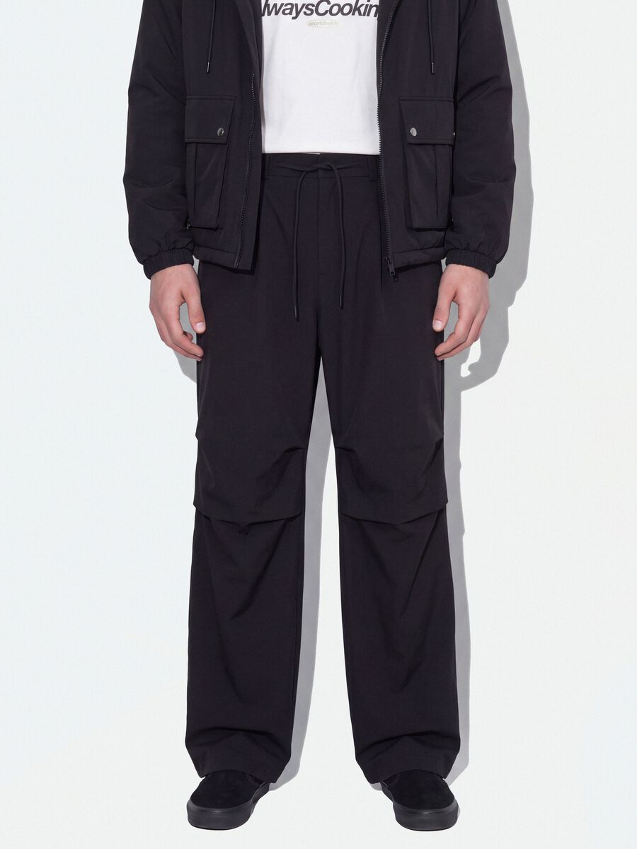 Black stretch-fabric parachute-fit trousers_1