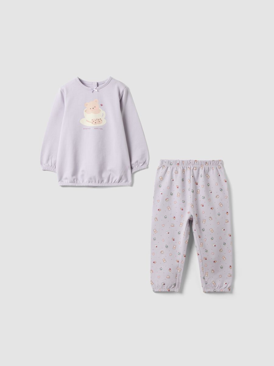 Purple organic cotton pyjamas with crew neck and teddy bear print_0